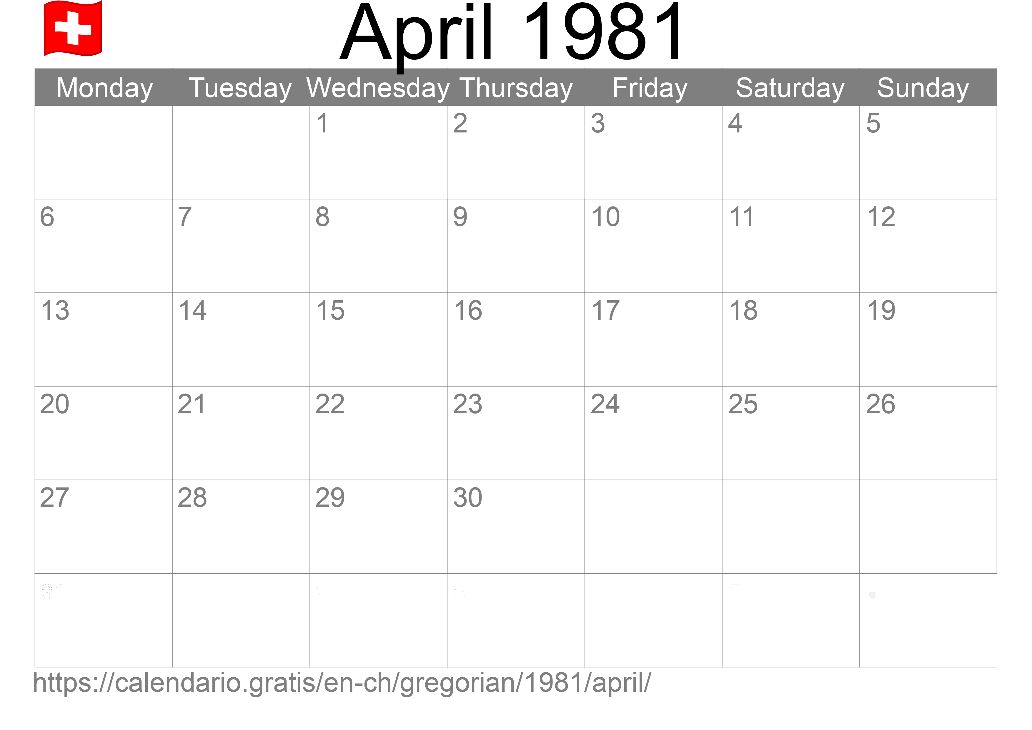 Calendar April 1981 to print