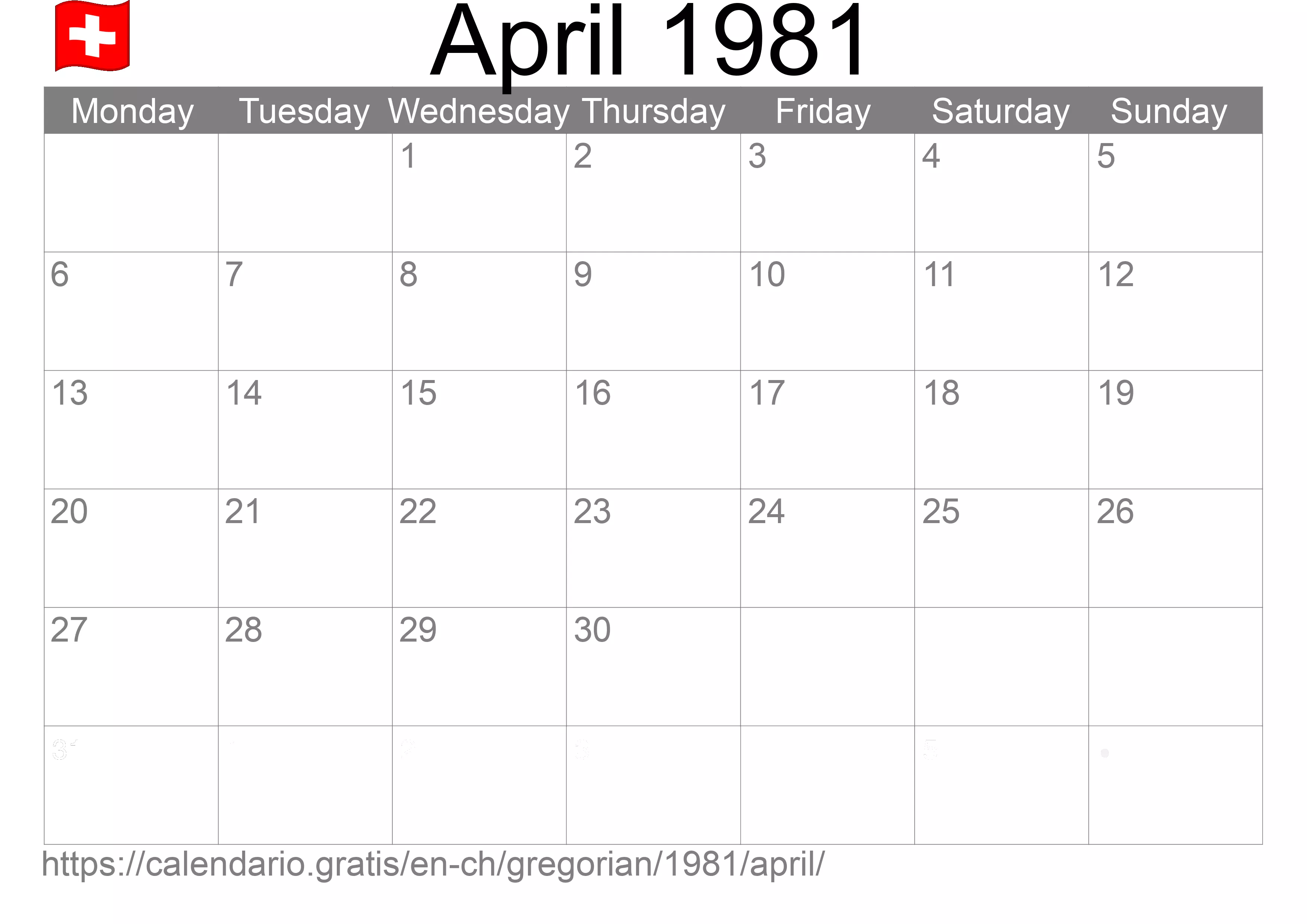 Calendar April 1981 to print (Switzerland) Calendar April 1981 to print (Switzerland)