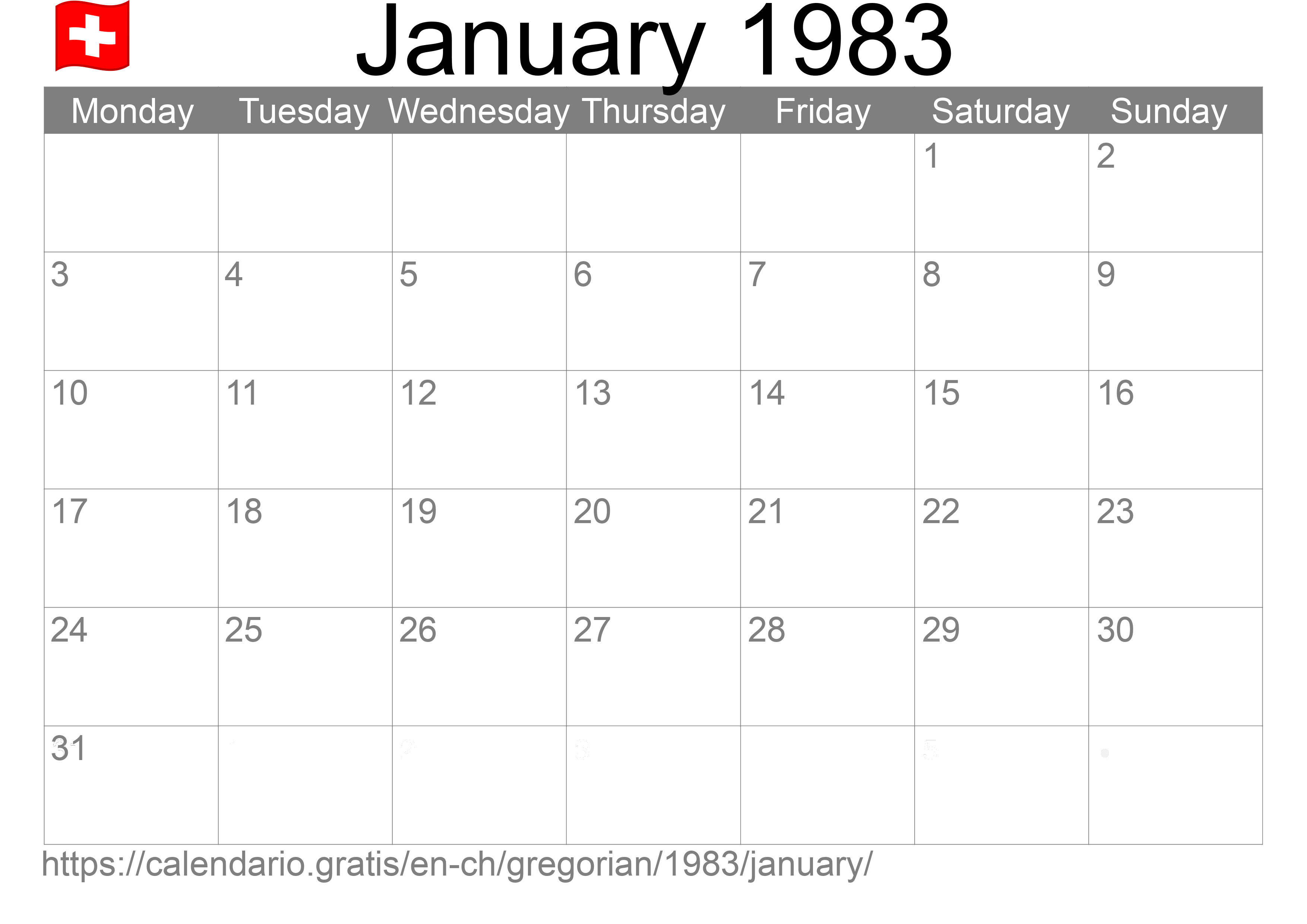 Calendar January 1983 to print