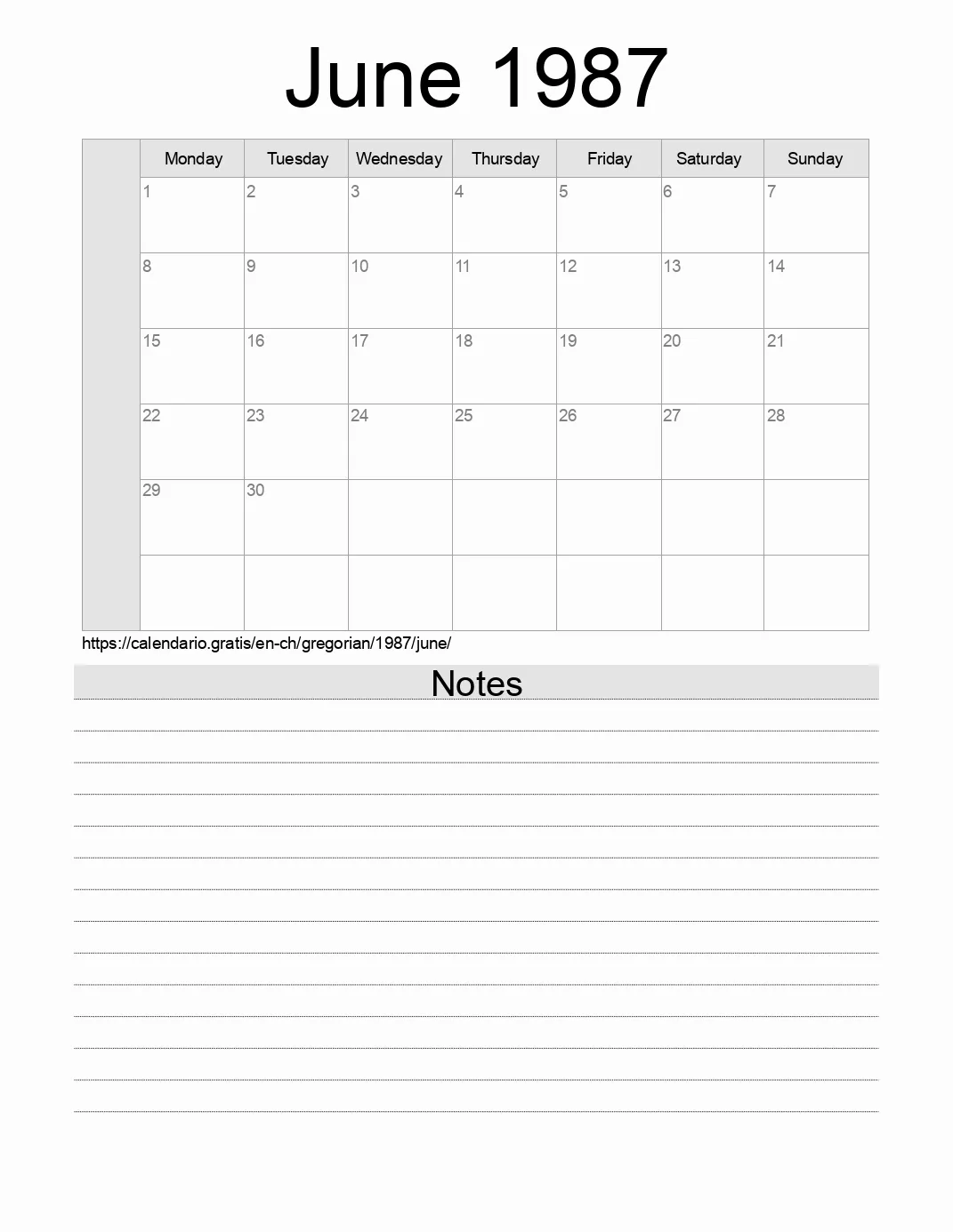 Calendar for printing with notes for 1987 June . (Switzerland) Calendar for printing with notes for 1987 June . (Switzerland)