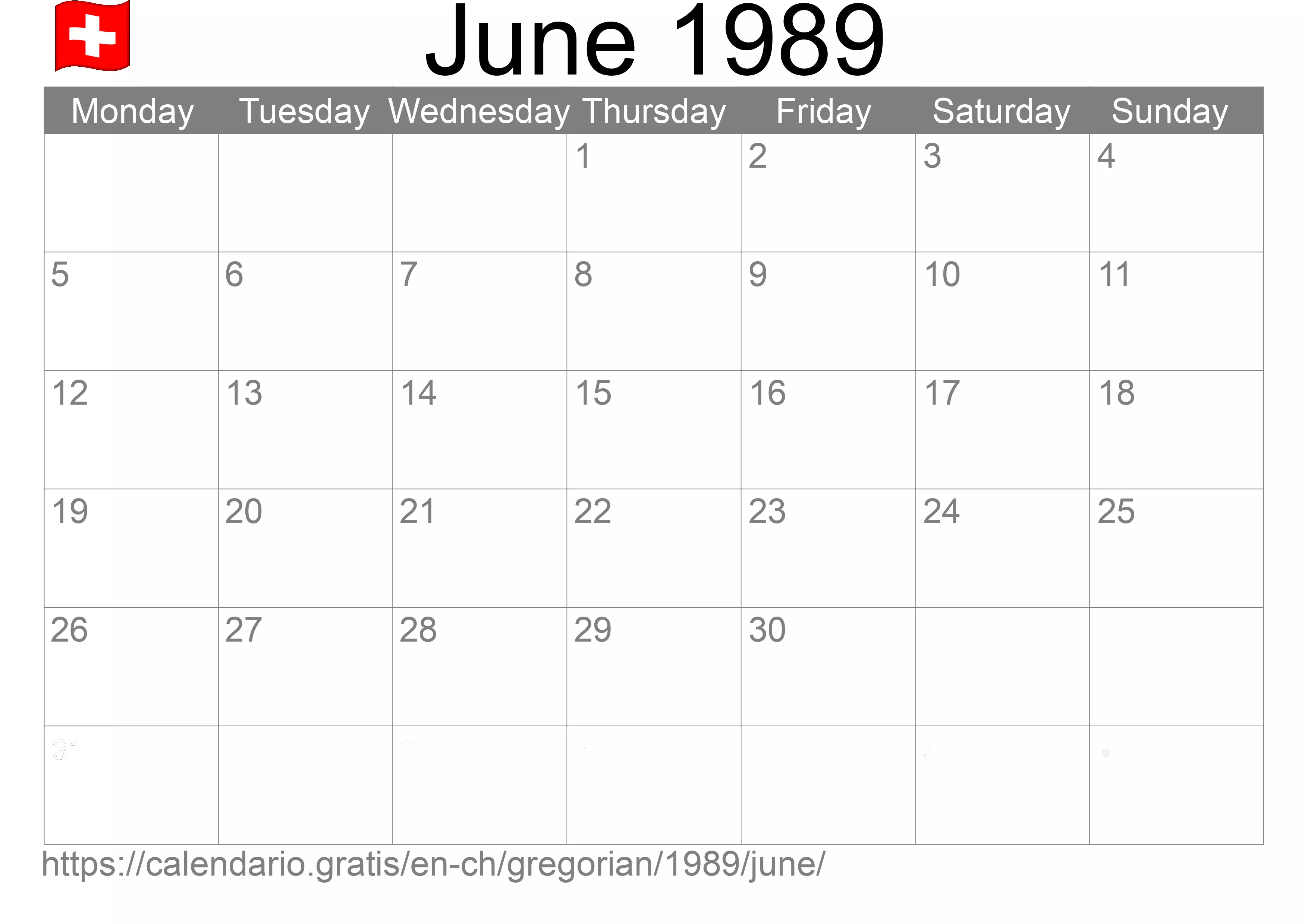 Calendar June 1989 to print (Switzerland) Calendar June 1989 to print (Switzerland)