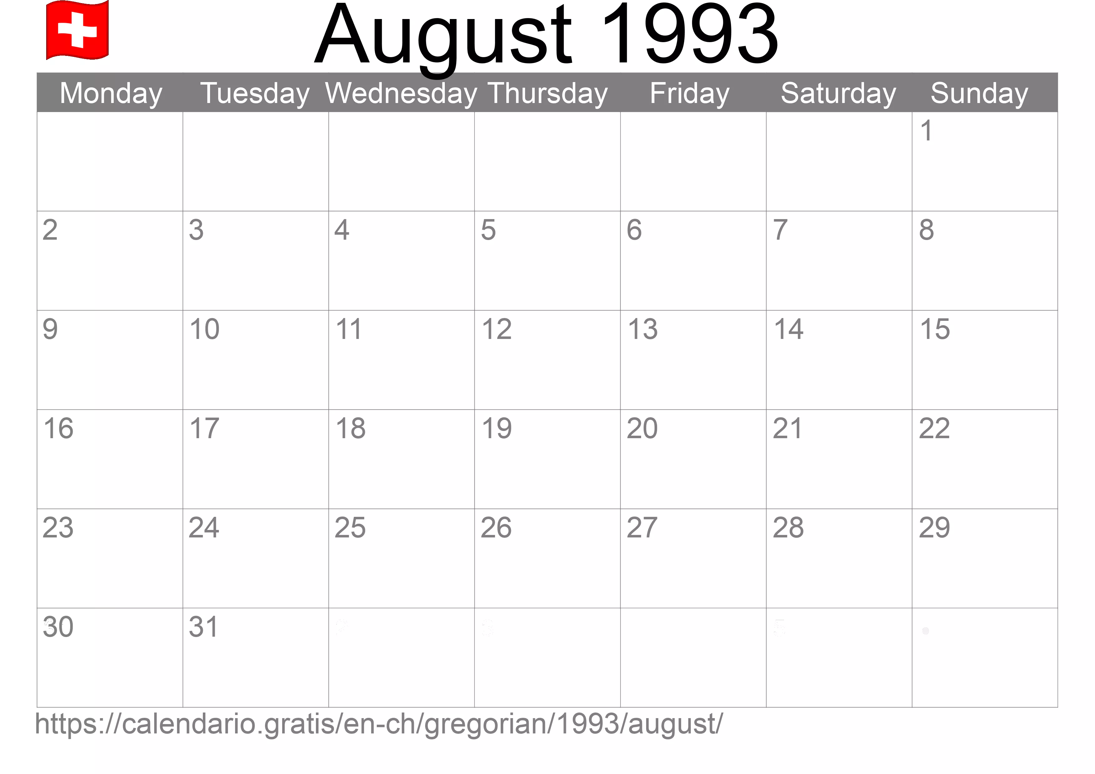 Calendar August 1993 to print (Switzerland) Calendar August 1993 to print (Switzerland)