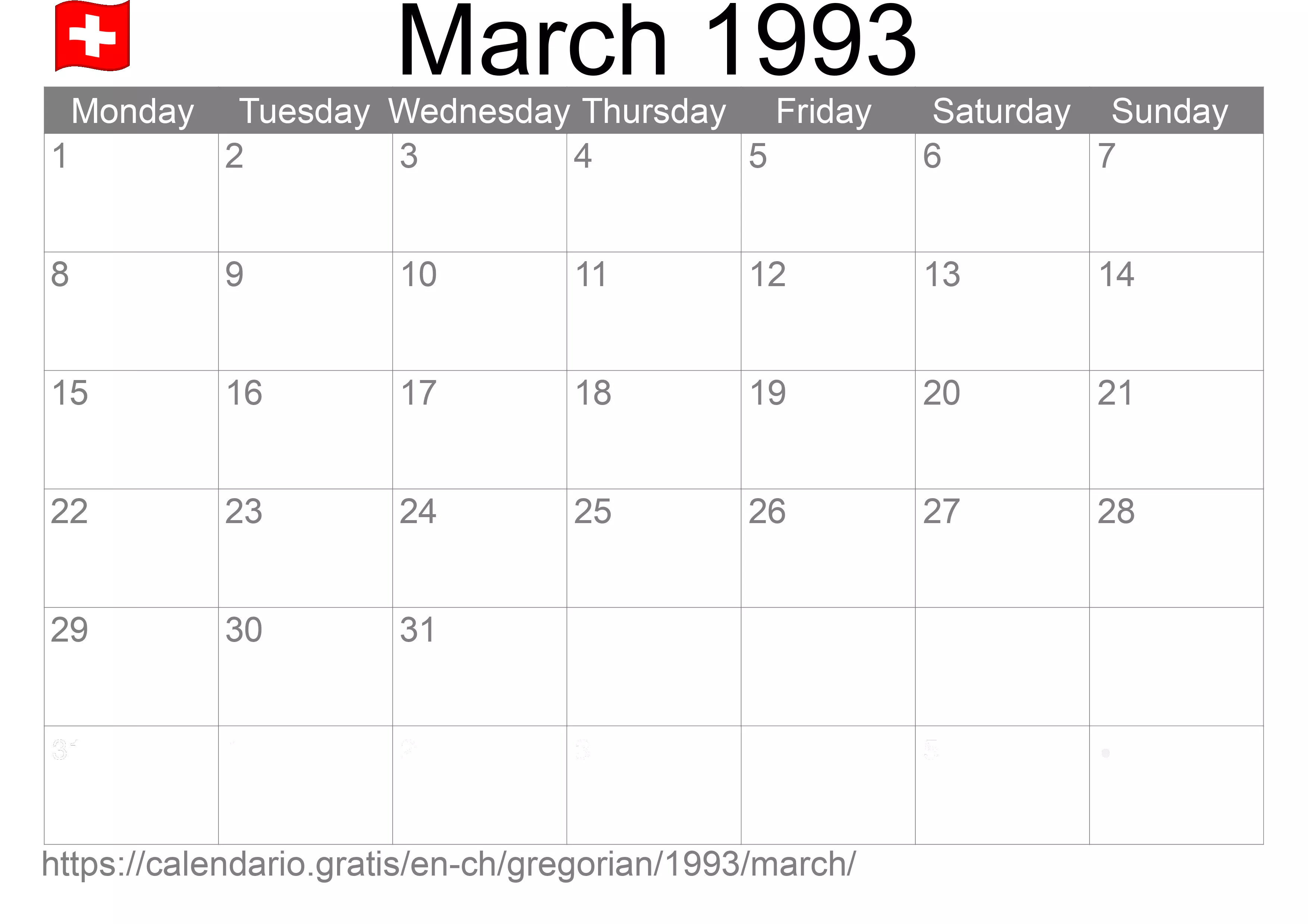 Calendar March 1993 to print (Switzerland) Calendar March 1993 to print (Switzerland)
