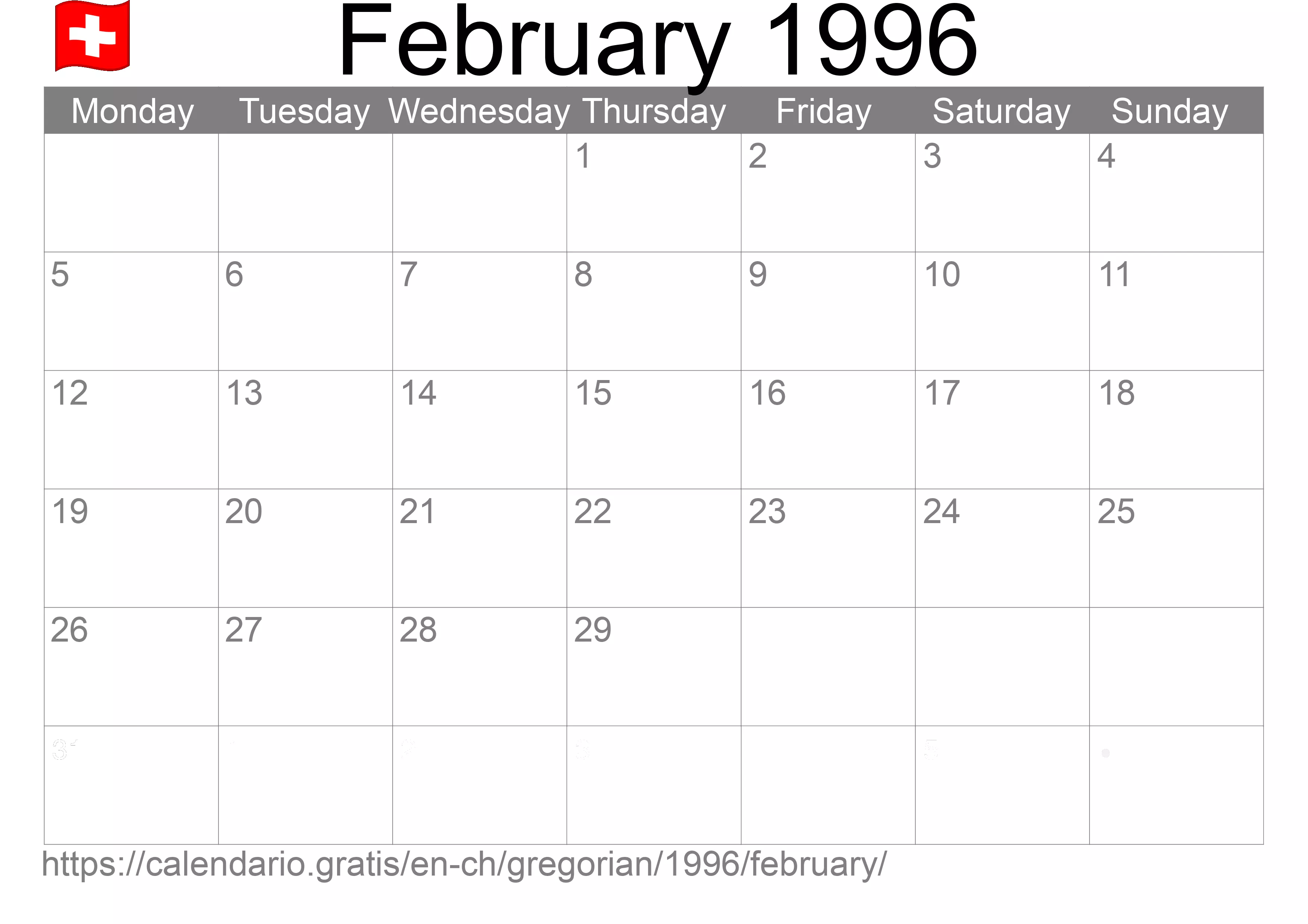 Calendar February 1996 to print (Switzerland) Calendar February 1996 to print (Switzerland)