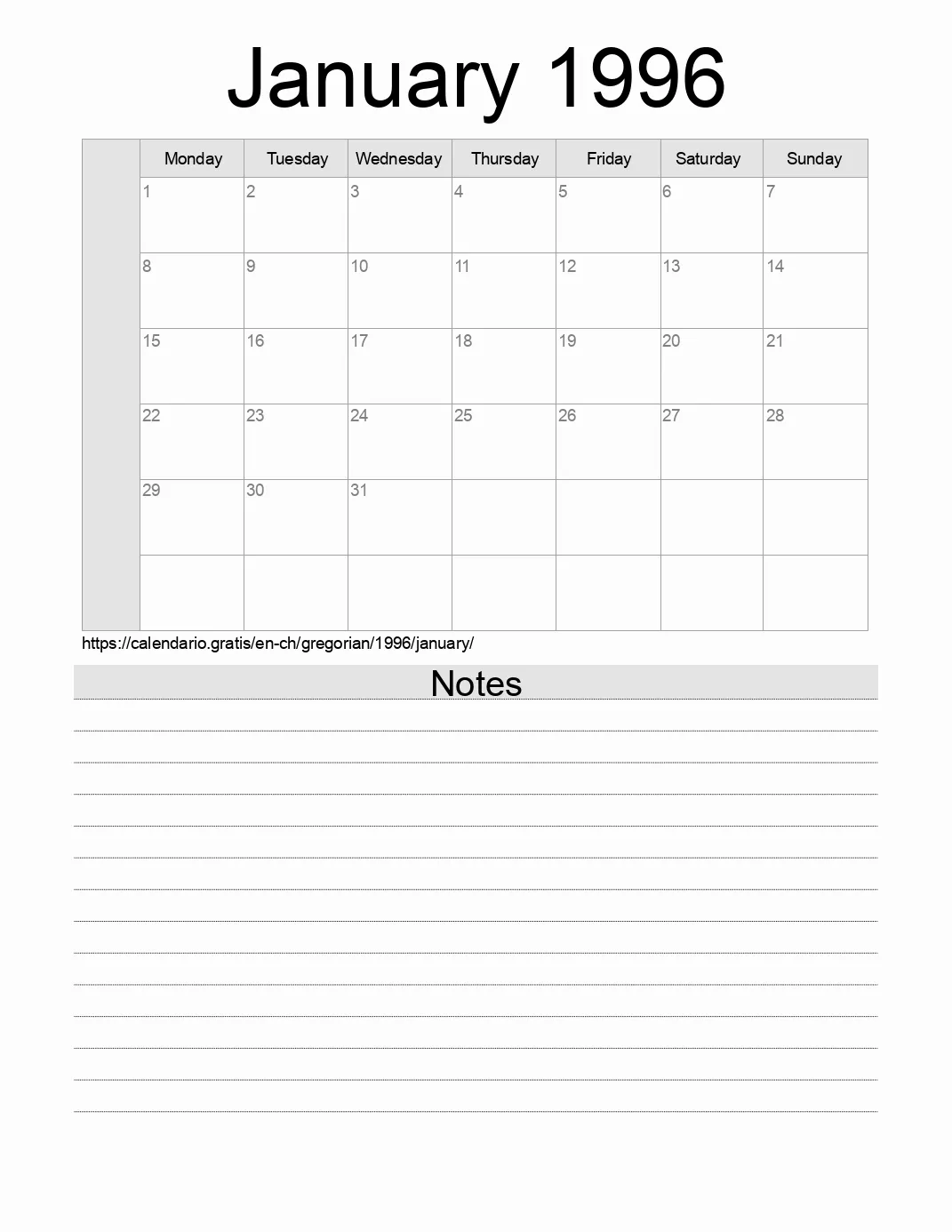 Calendar for printing with notes for 1996 January . (Switzerland) Calendar for printing with notes for 1996 January . (Switzerland)