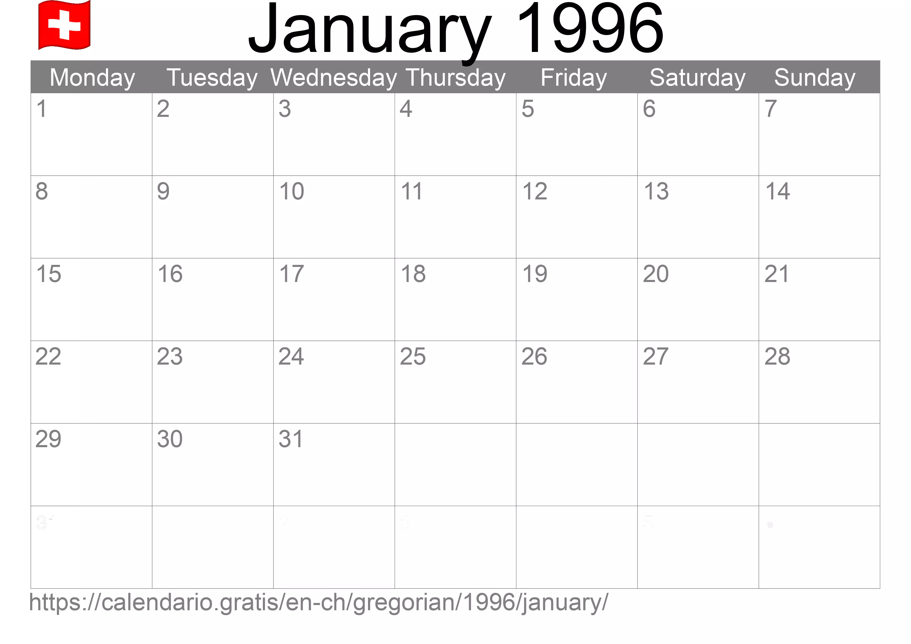 Calendar January 1996 to print (Switzerland) Calendar January 1996 to print (Switzerland)
