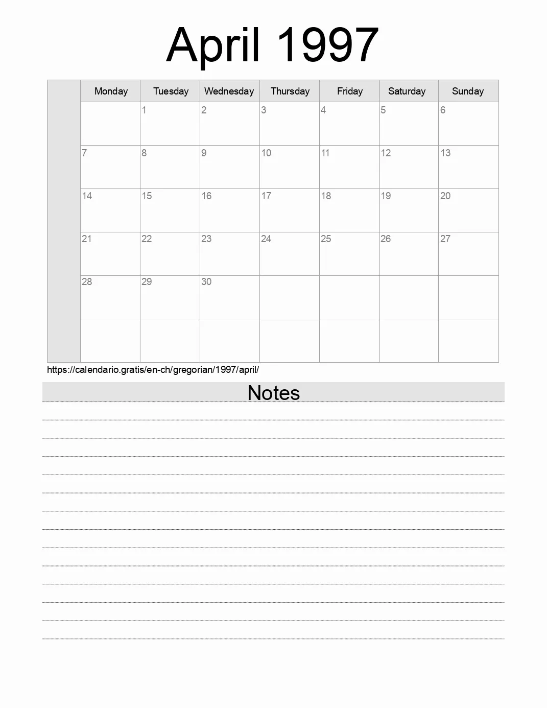 Calendar for printing with notes for 1997 April . (Switzerland) Calendar for printing with notes for 1997 April . (Switzerland)