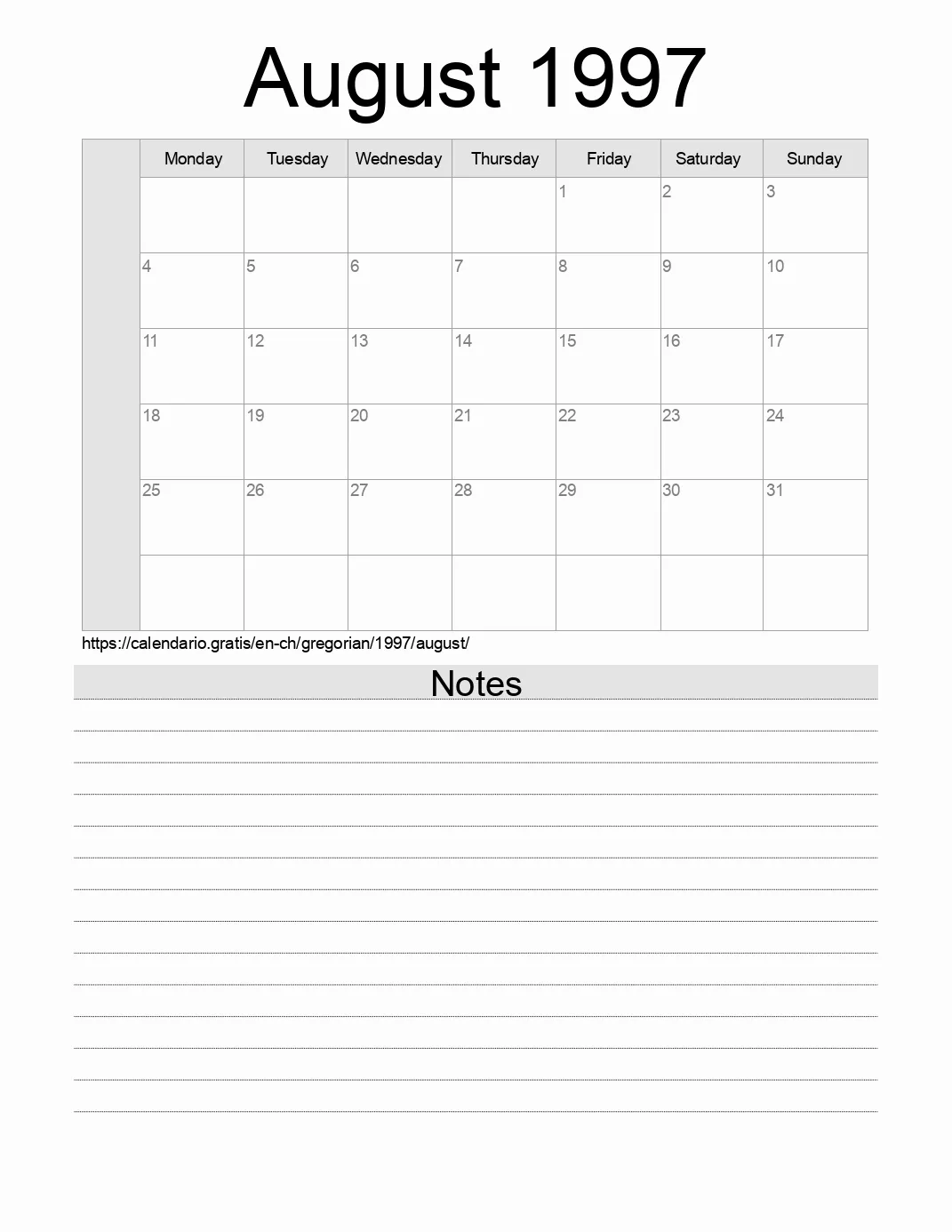 Calendar for printing with notes for 1997 August . (Switzerland) Calendar for printing with notes for 1997 August . (Switzerland)