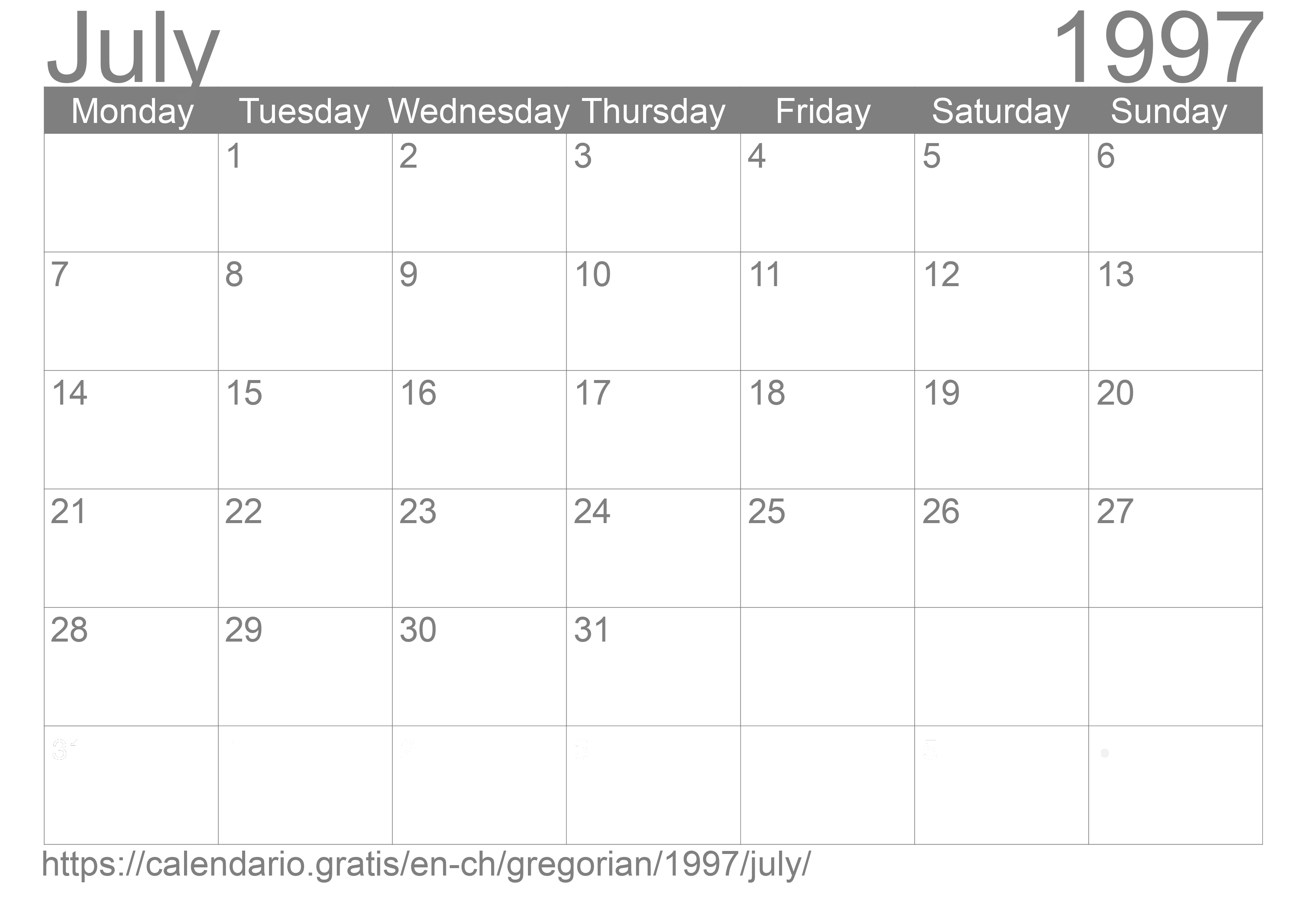 Calendar July 1997 to print