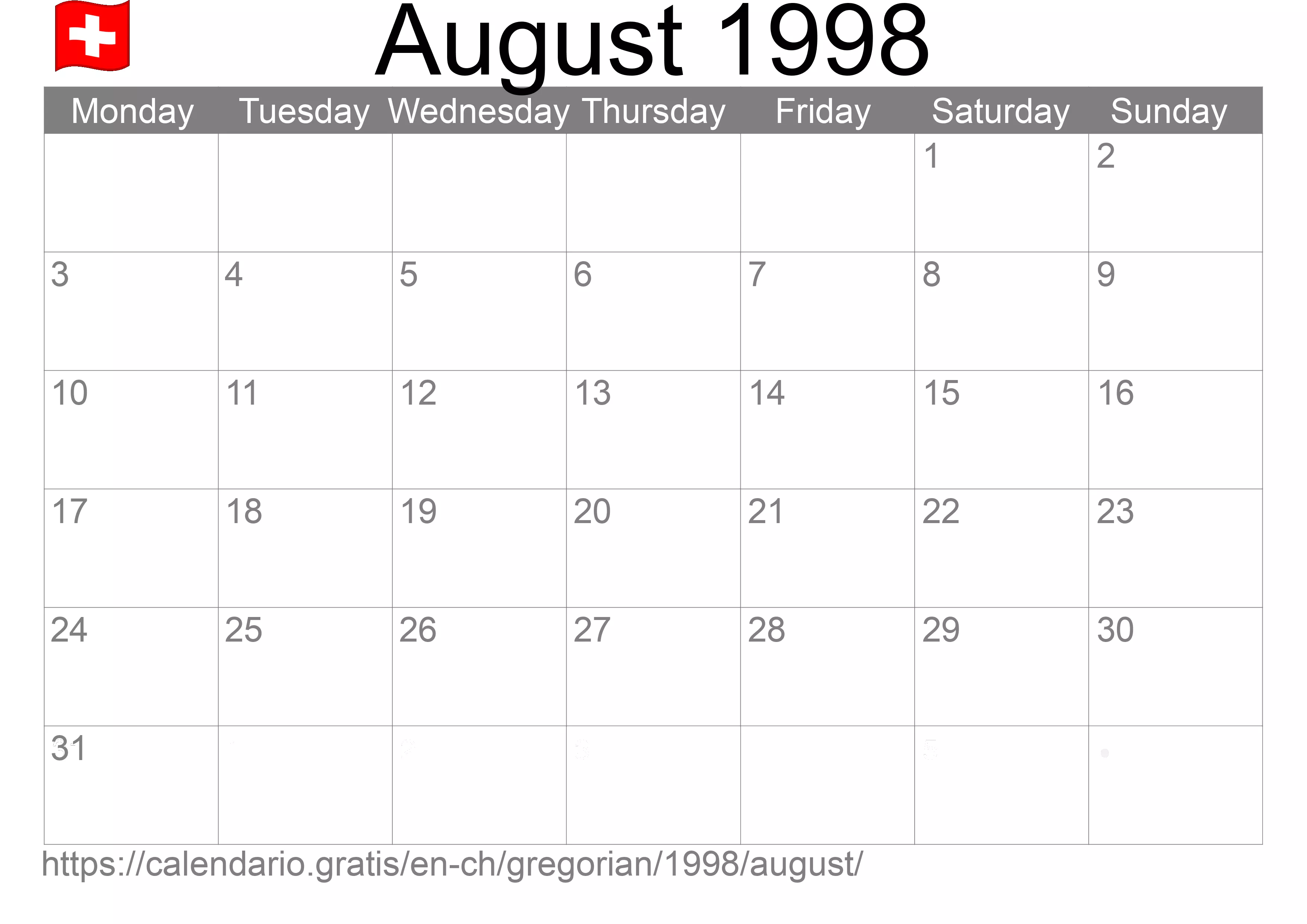 Calendar August 1998 to print (Switzerland) Calendar August 1998 to print (Switzerland)