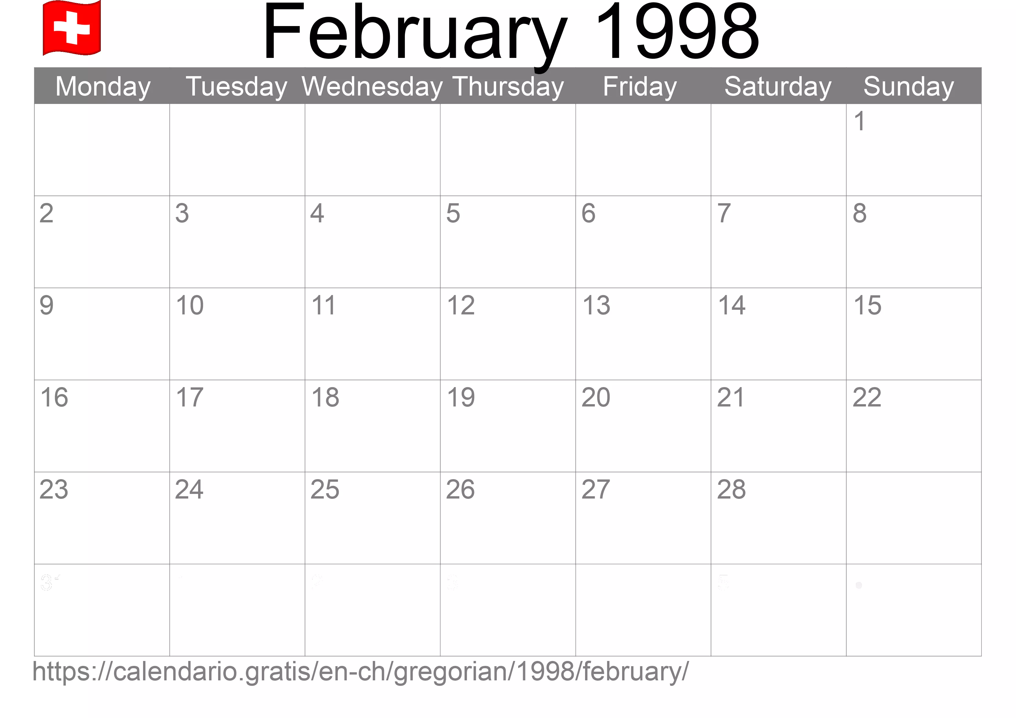 Calendar February 1998 to print (Switzerland) Calendar February 1998 to print (Switzerland)