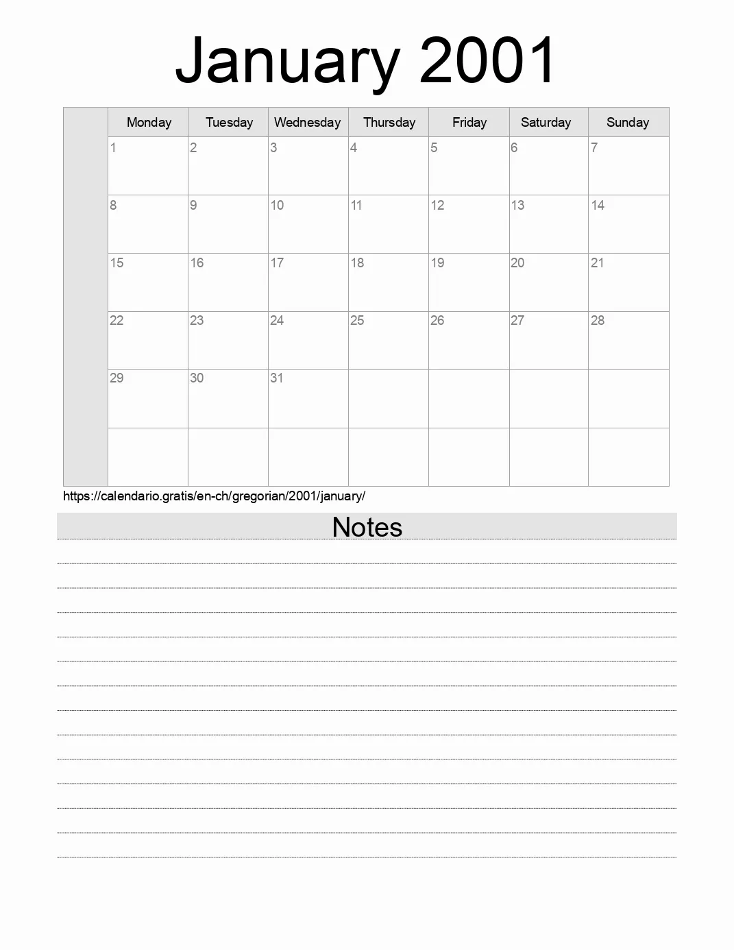 Calendar for printing with notes for 2001 January . (Switzerland)