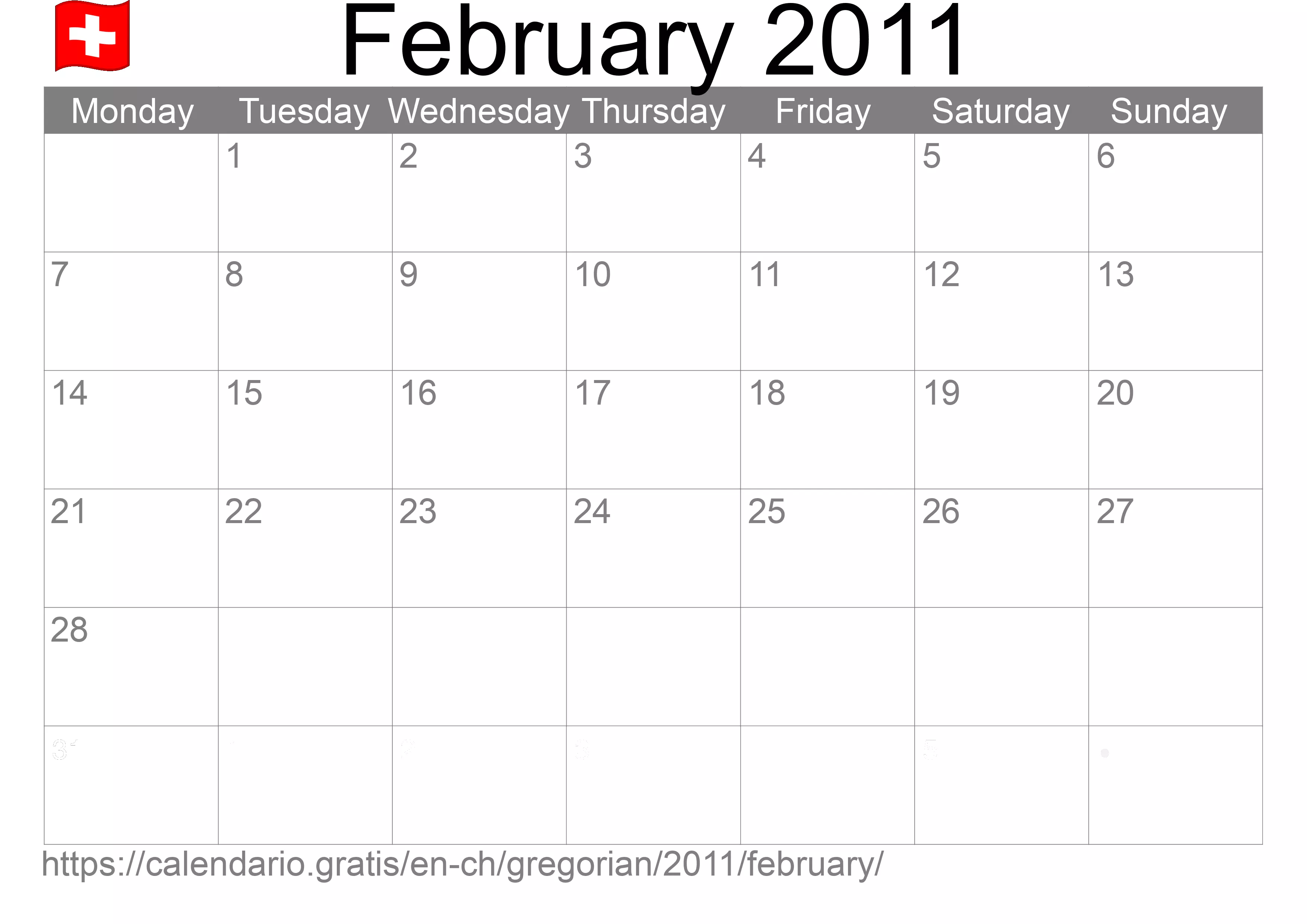 Calendar February 2011 to print (Switzerland) Calendar February 2011 to print (Switzerland)