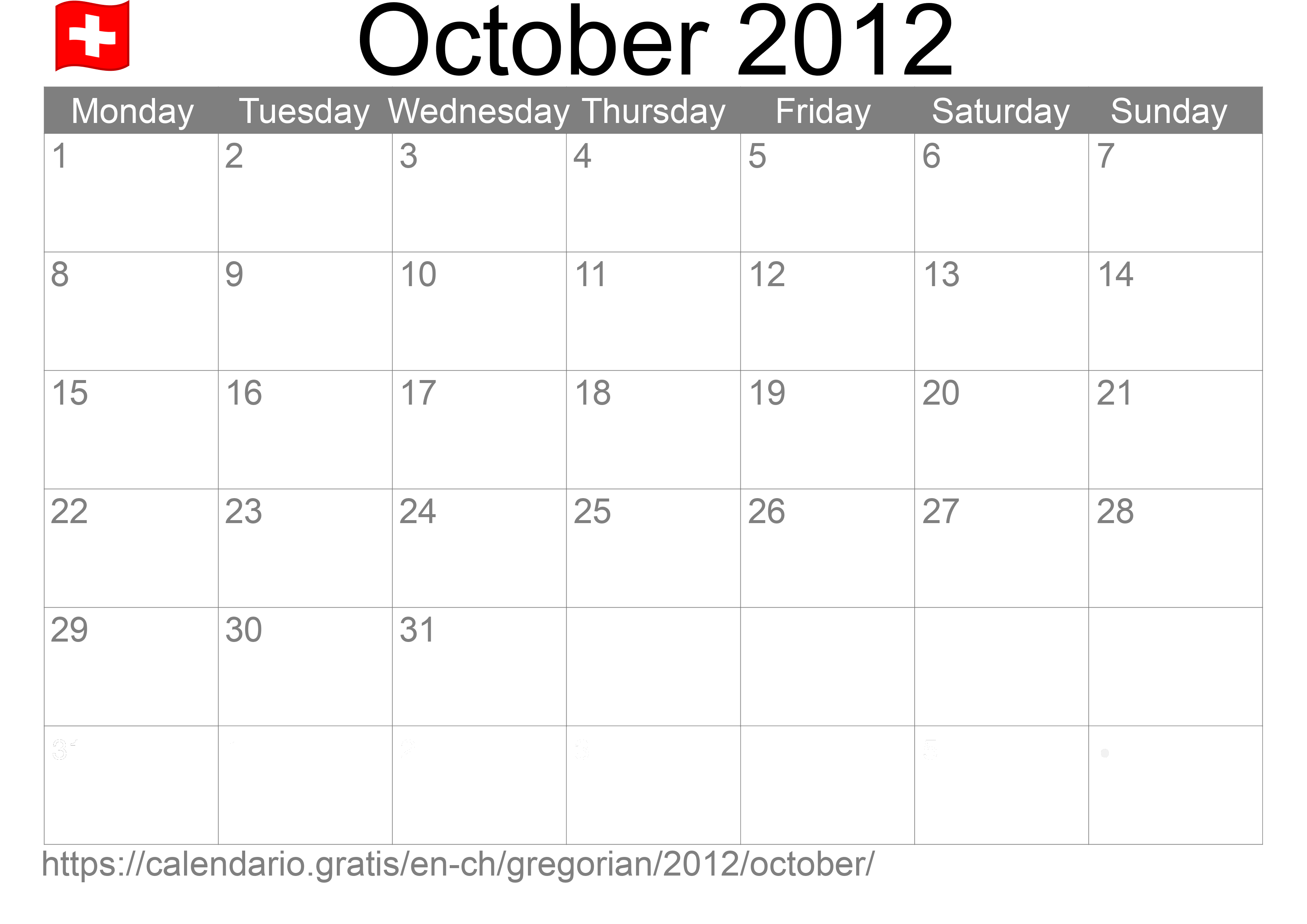 Calendar October 2012 to print