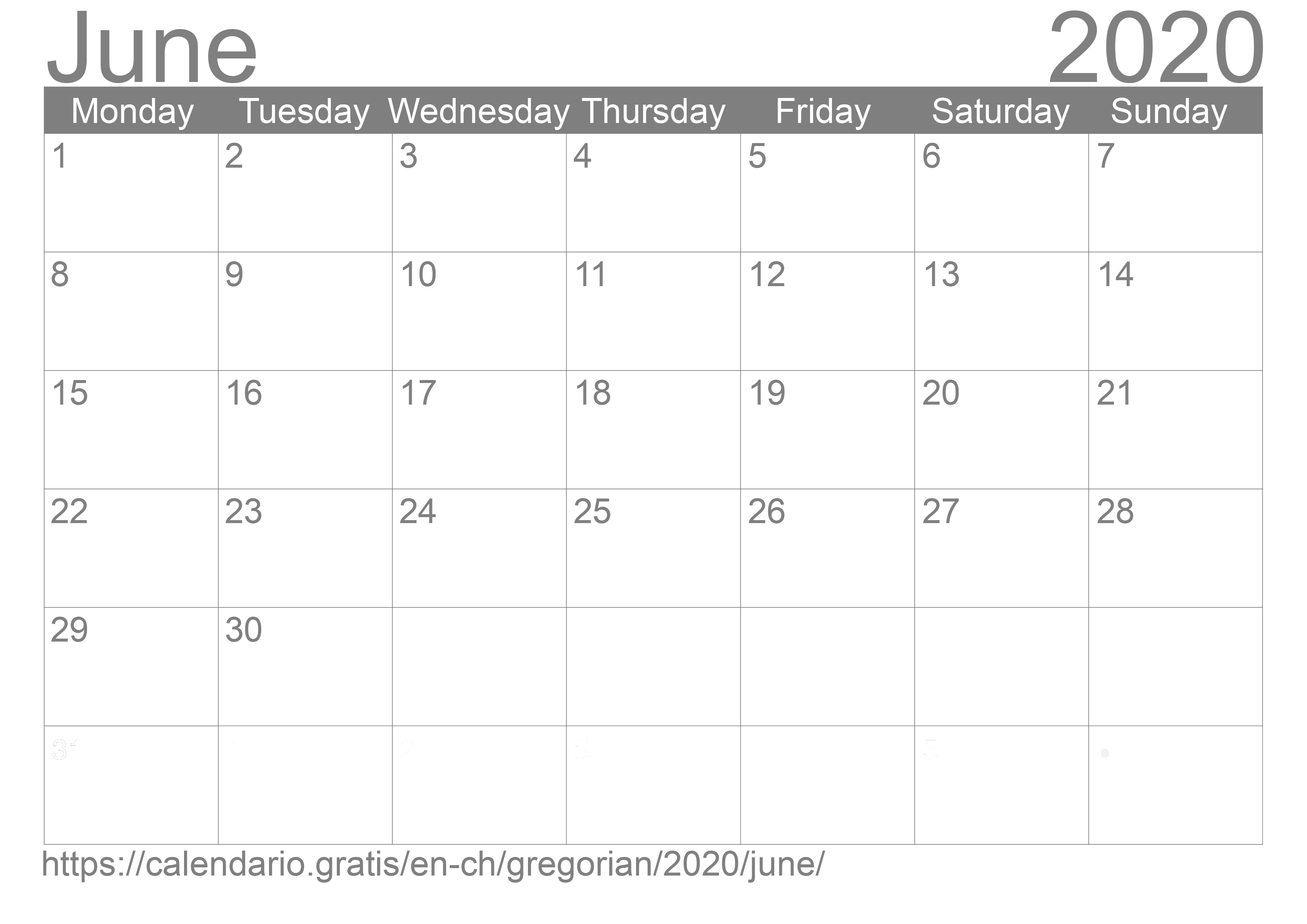 Calendar June 2020 to print
