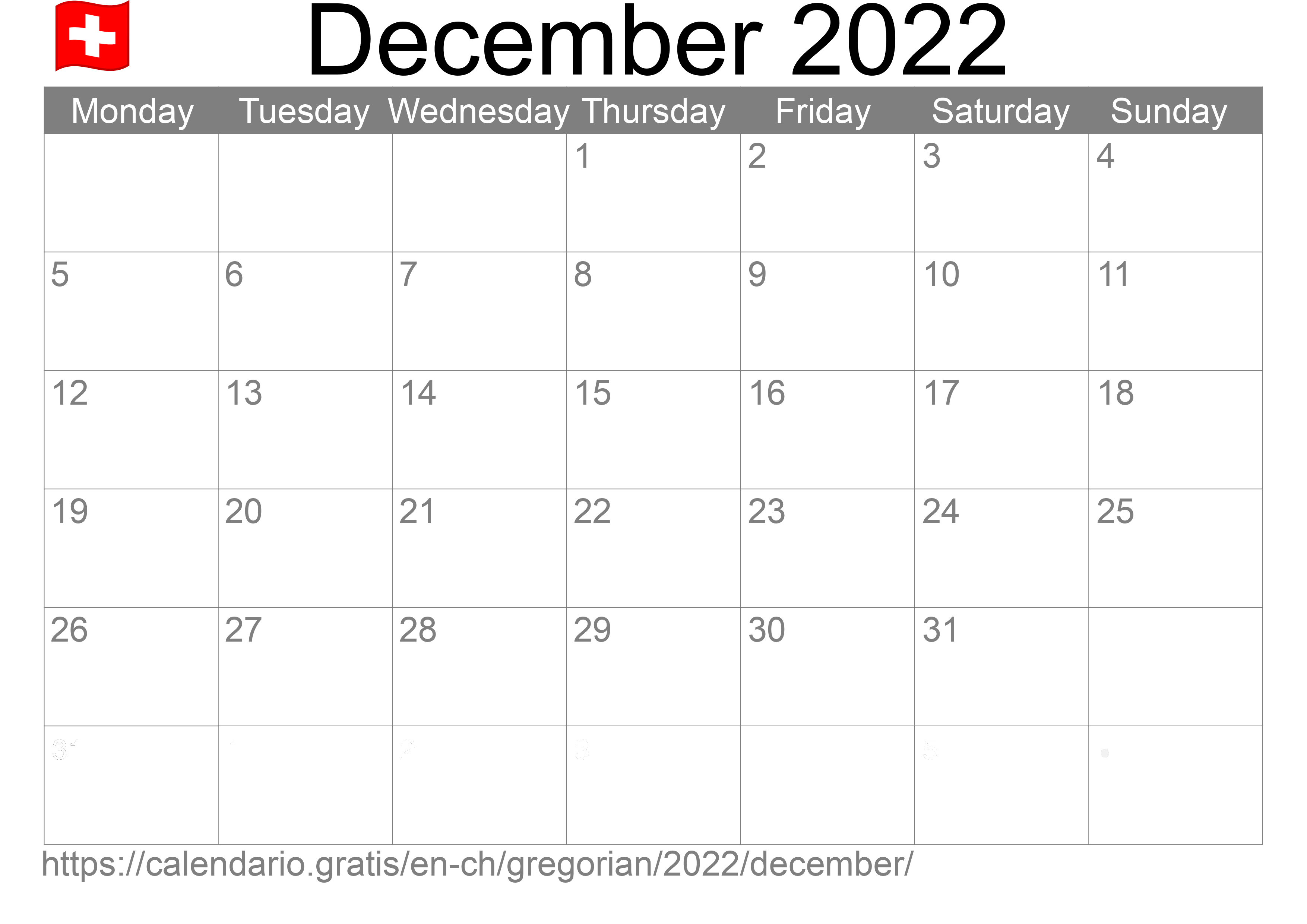 Calendar December 2022 to print