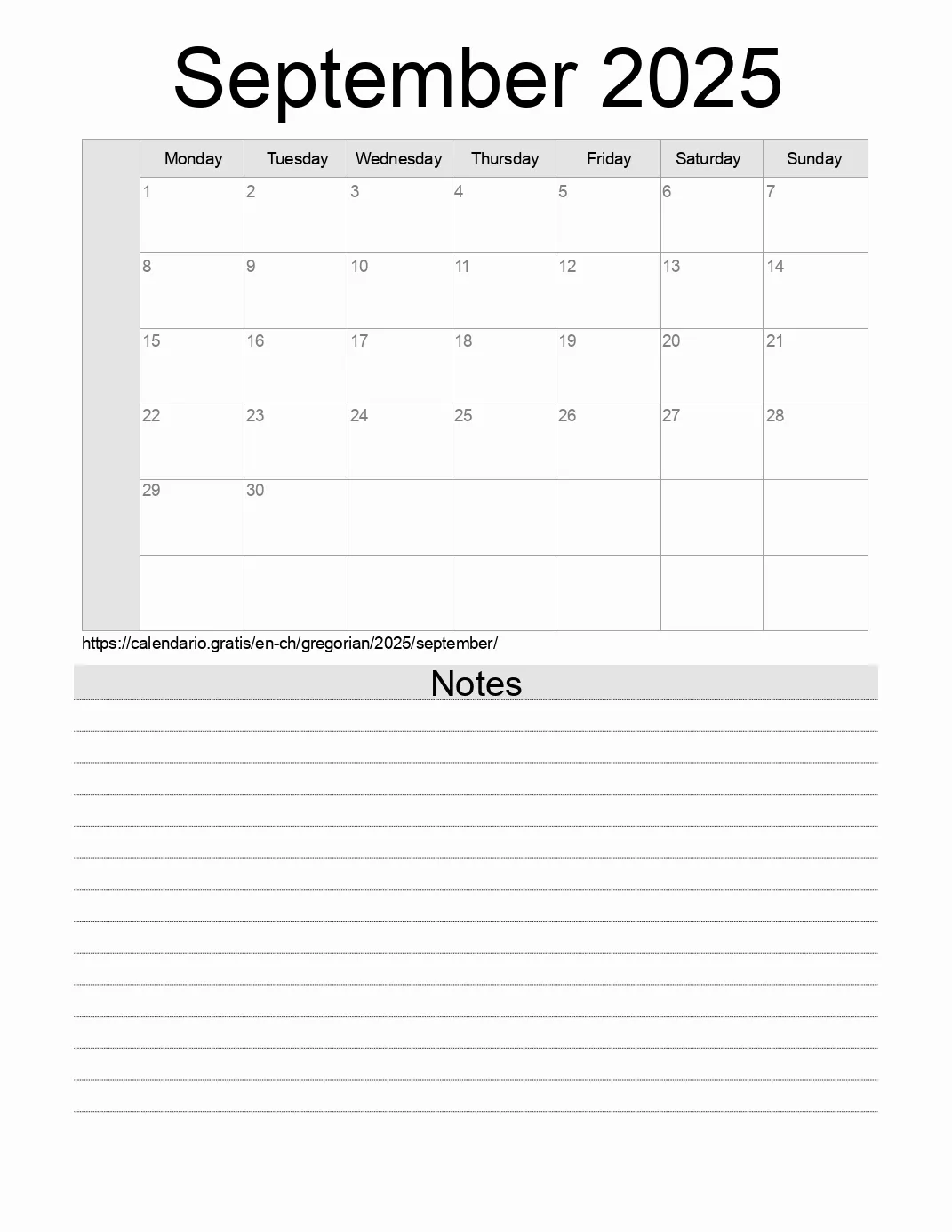 Calendar for printing with notes for 2025 September . (Switzerland)