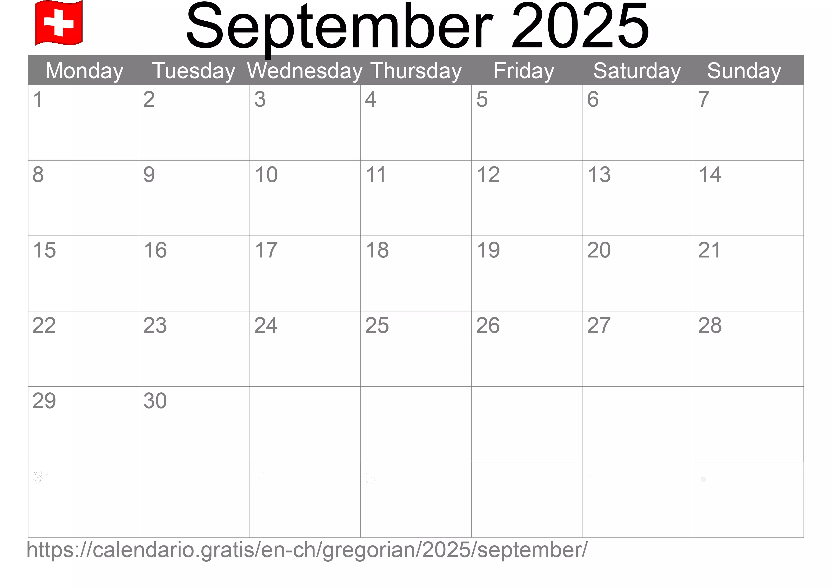 Calendar September 2025 to print (Switzerland)