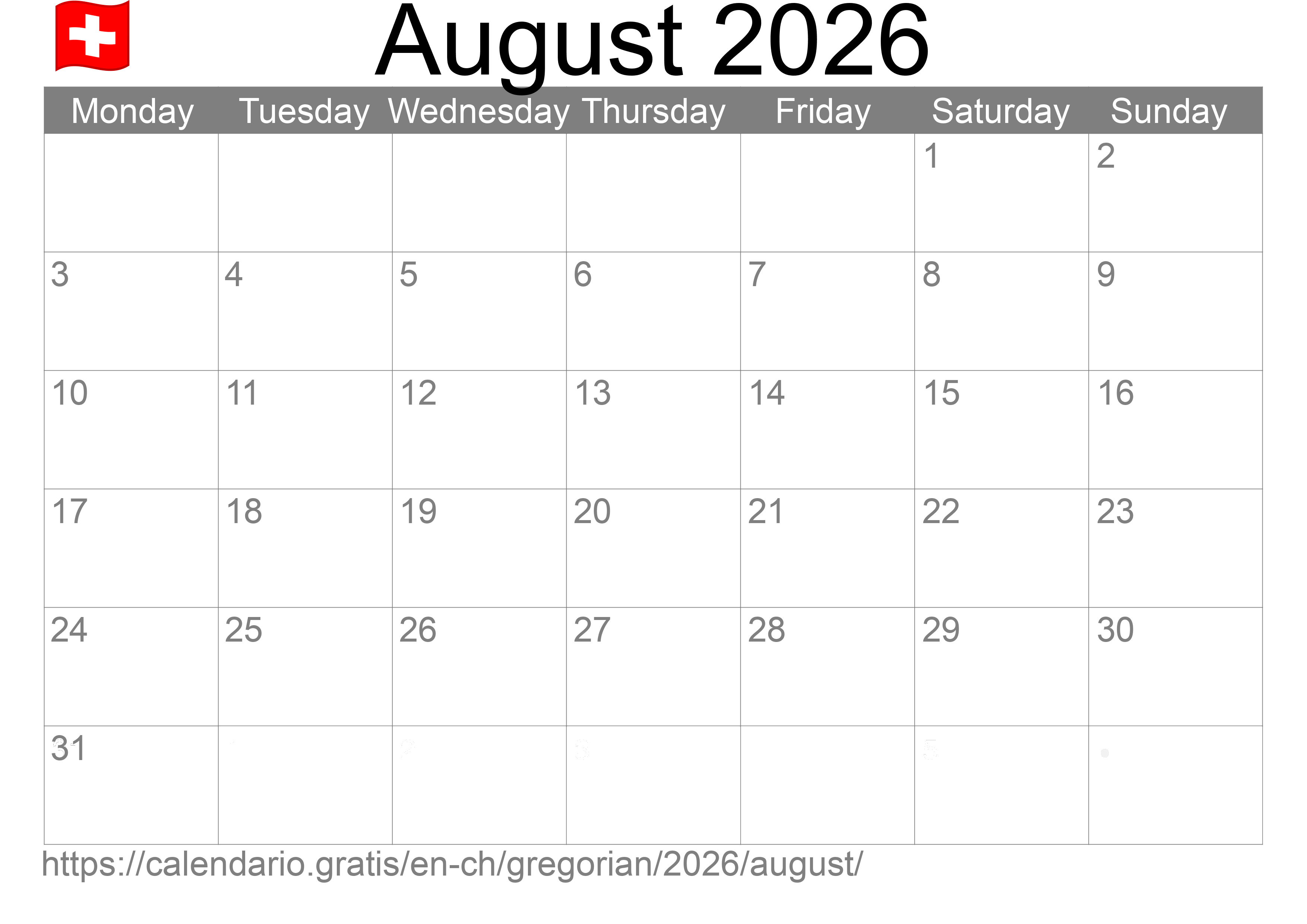 Calendar August 2026 to print