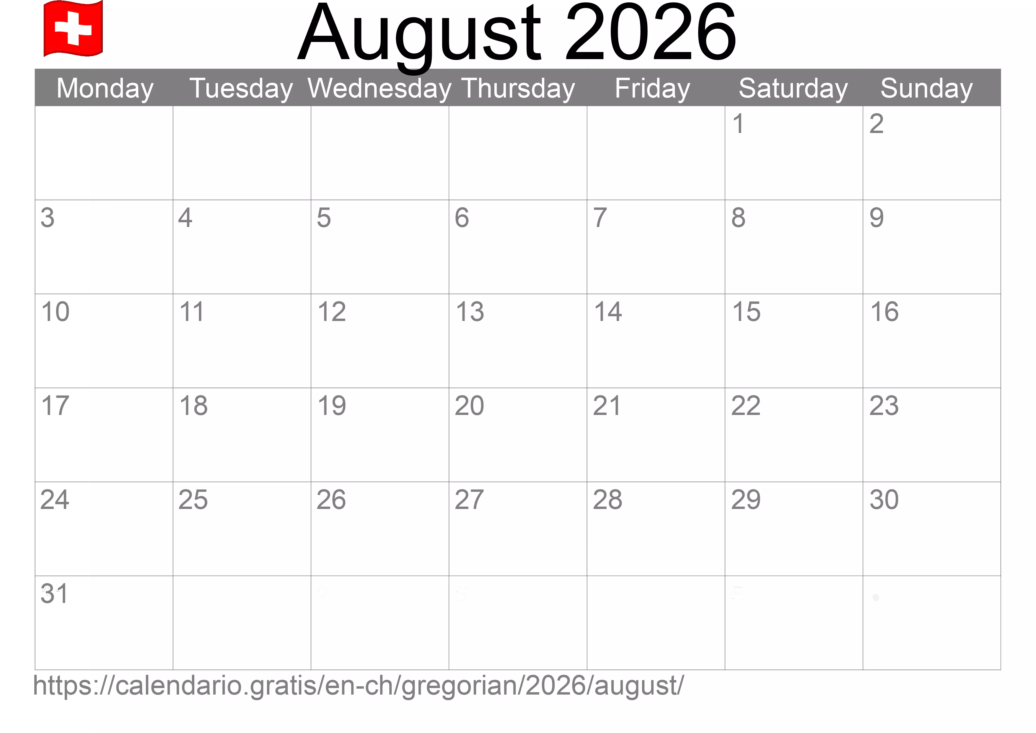 Calendar August 2026 to print (Switzerland) Calendar August 2026 to print (Switzerland)