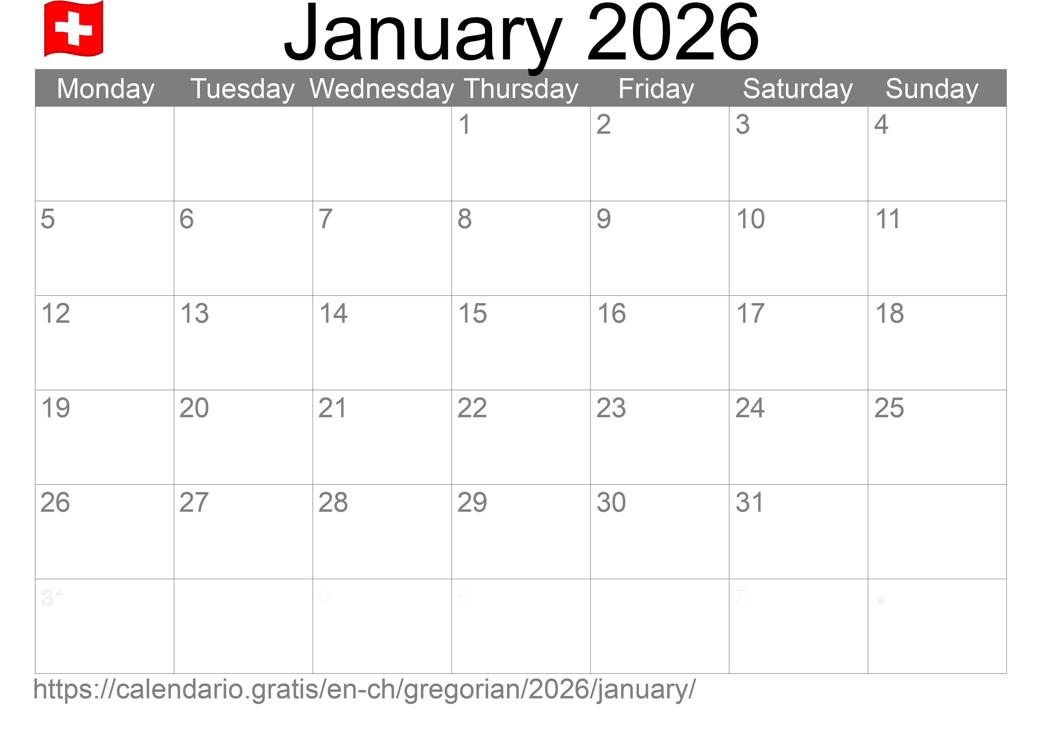 Calendar January 2026 to print