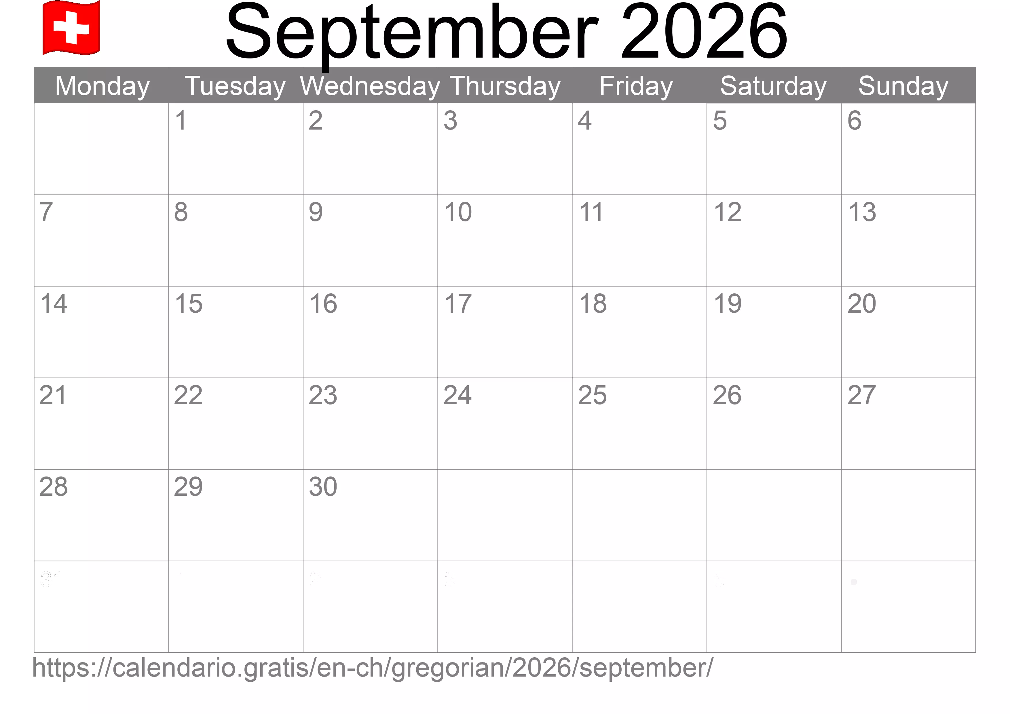 Calendar September 2026 to print (Switzerland)