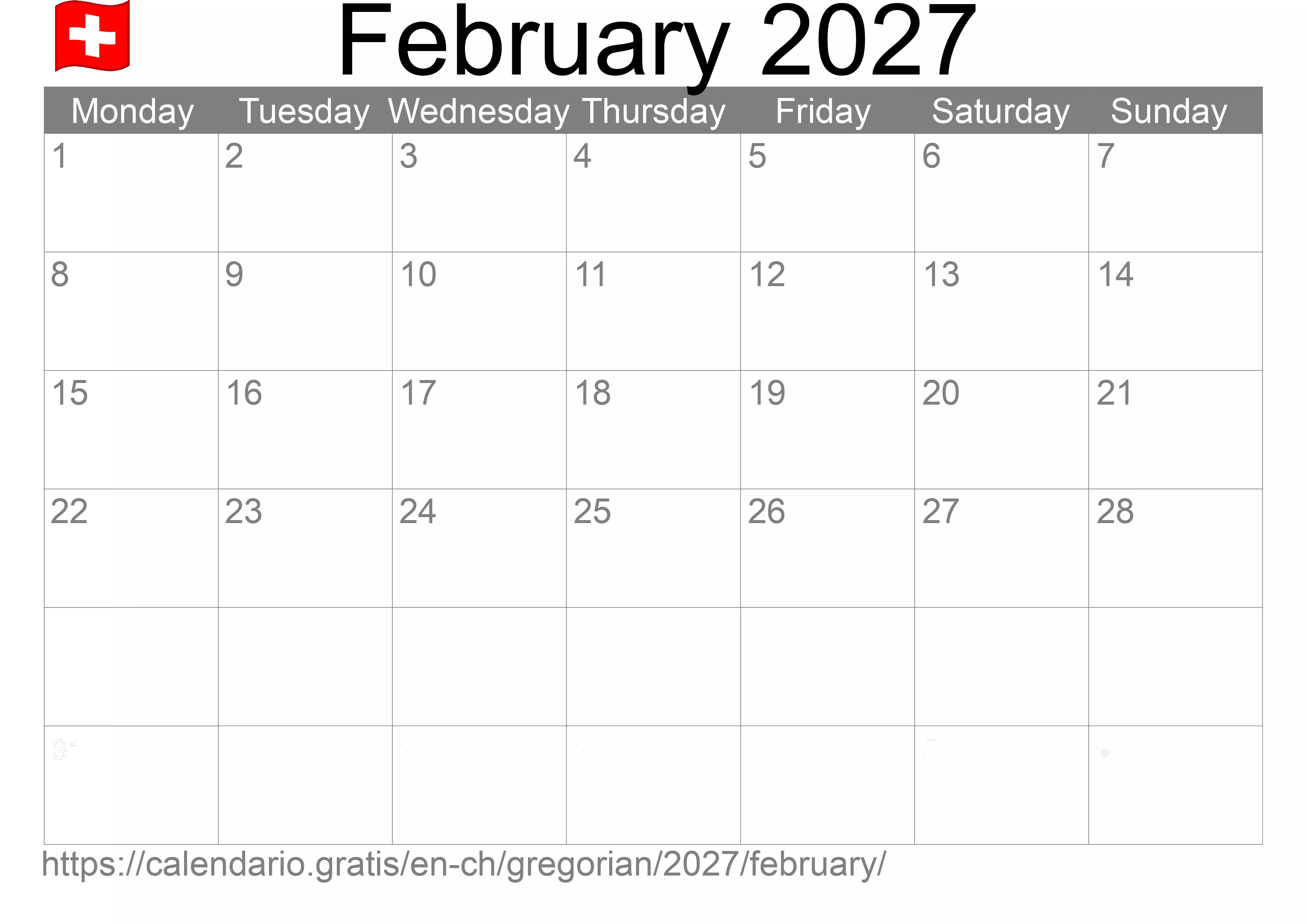 Calendar February 2027 to print (Switzerland) Calendar February 2027 to print (Switzerland)