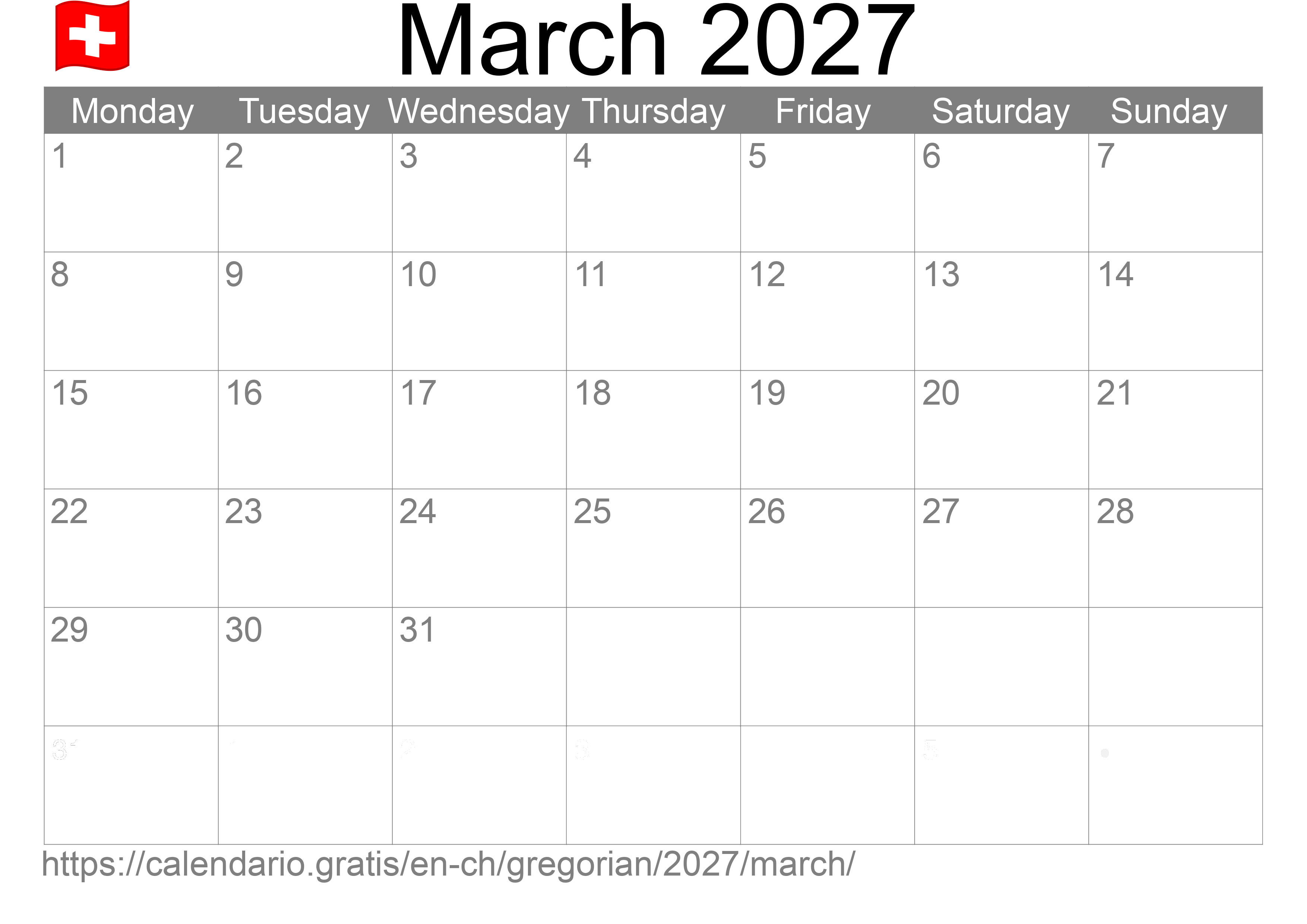 Calendar March 2027 to print