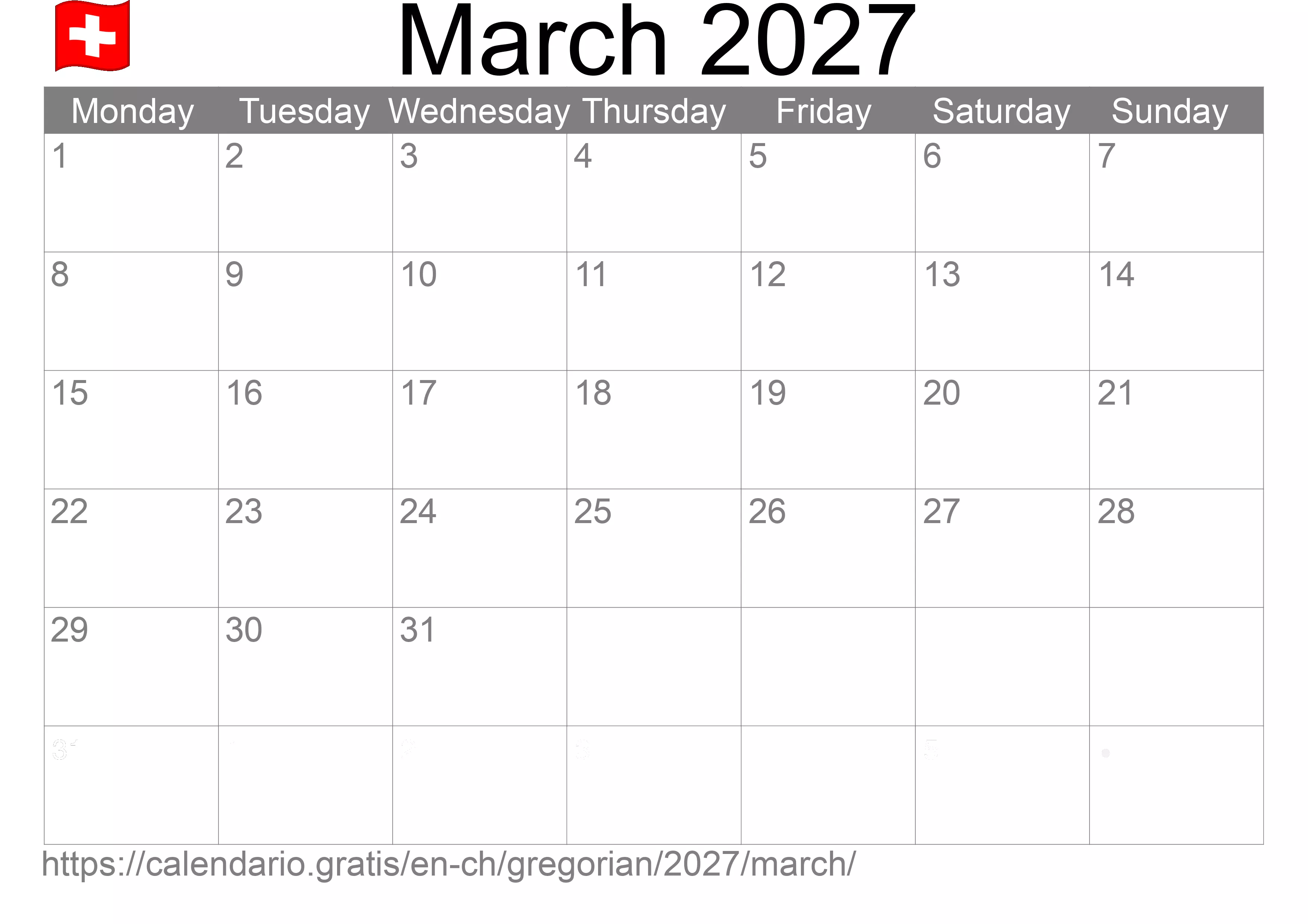 Calendar March 2027 to print (Switzerland) Calendar March 2027 to print (Switzerland)