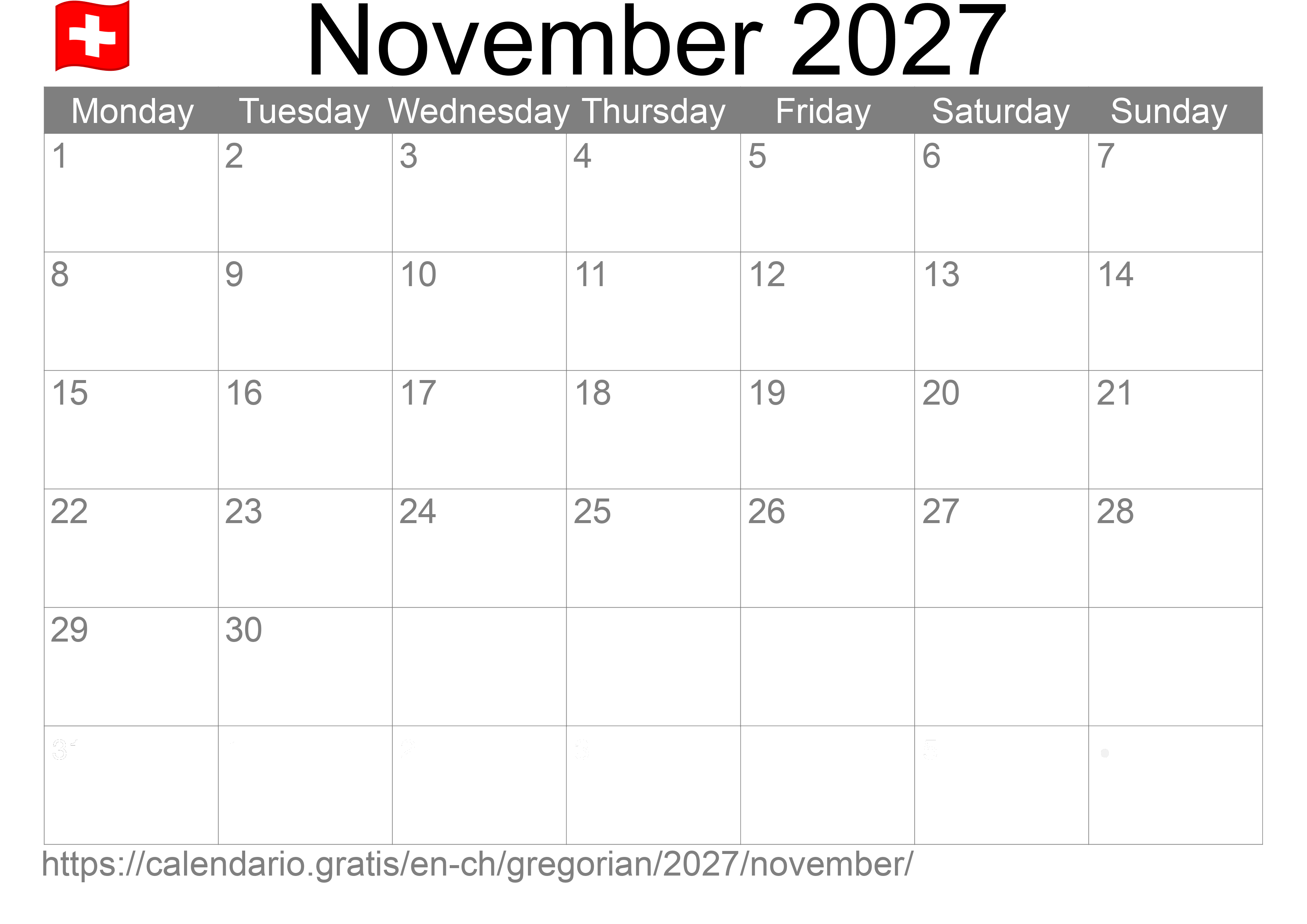 Calendar November 2027 to print