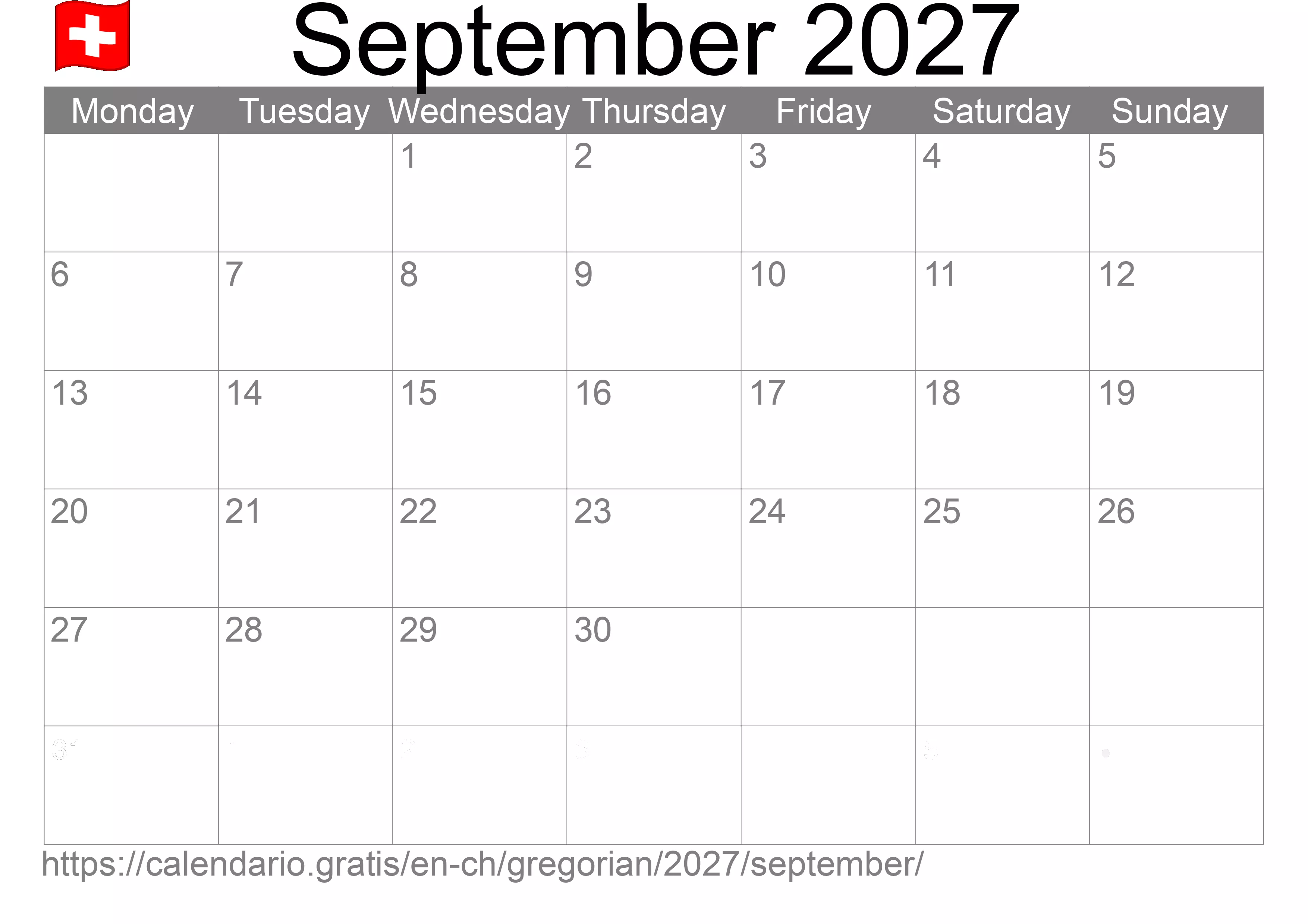 Calendar September 2027 to print (Switzerland)