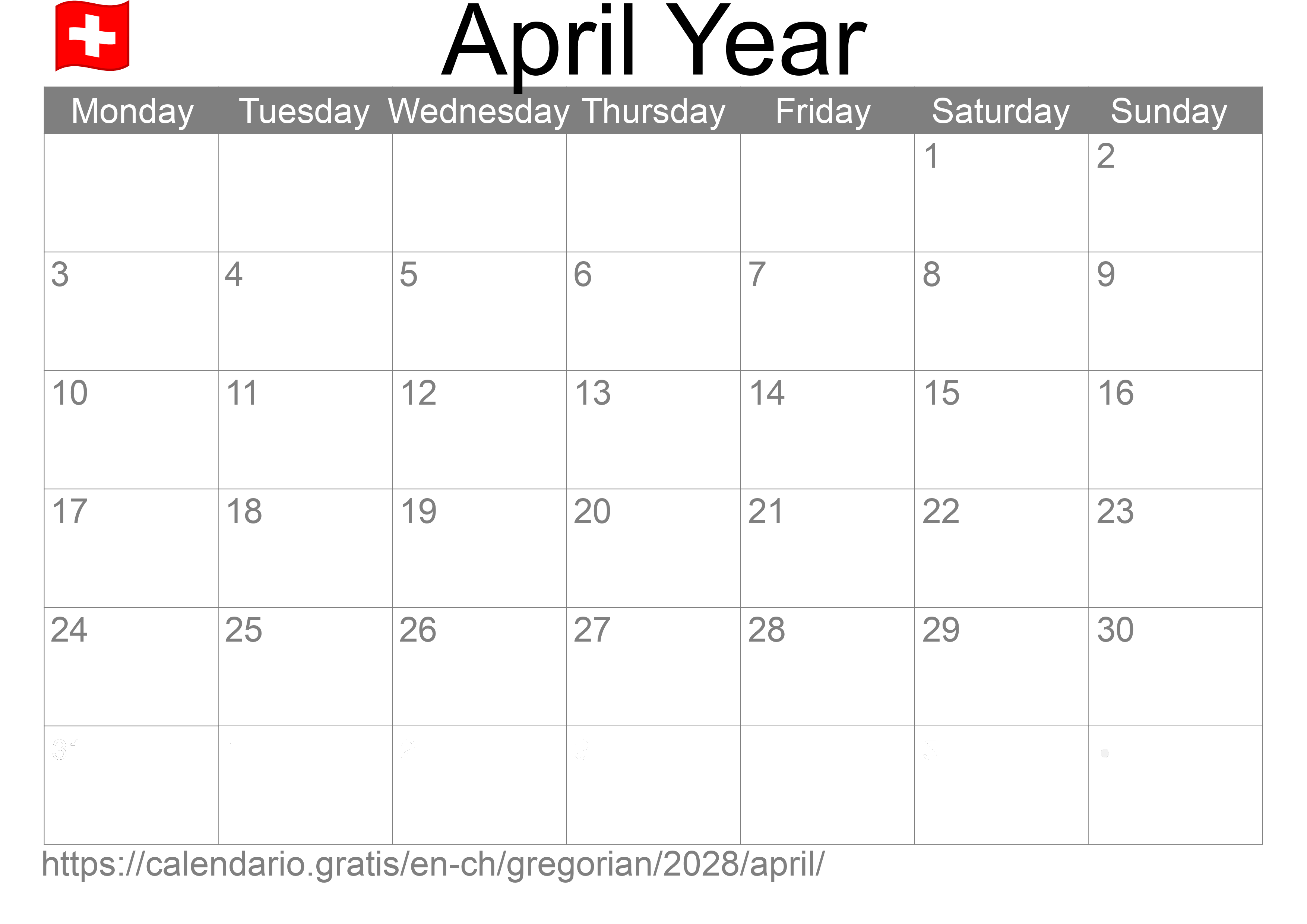 Calendar April 2028 to print