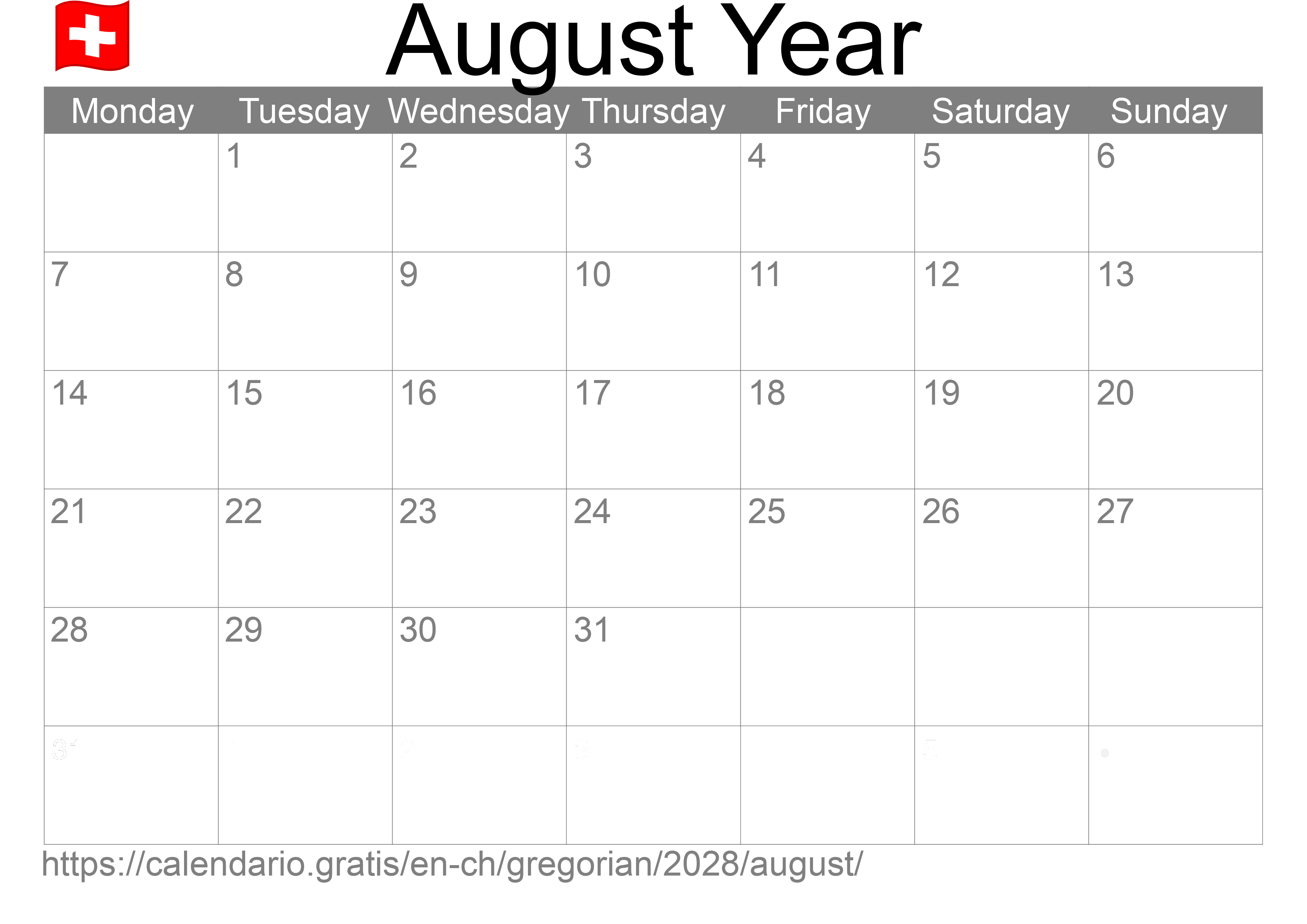 Calendar August 2028 to print