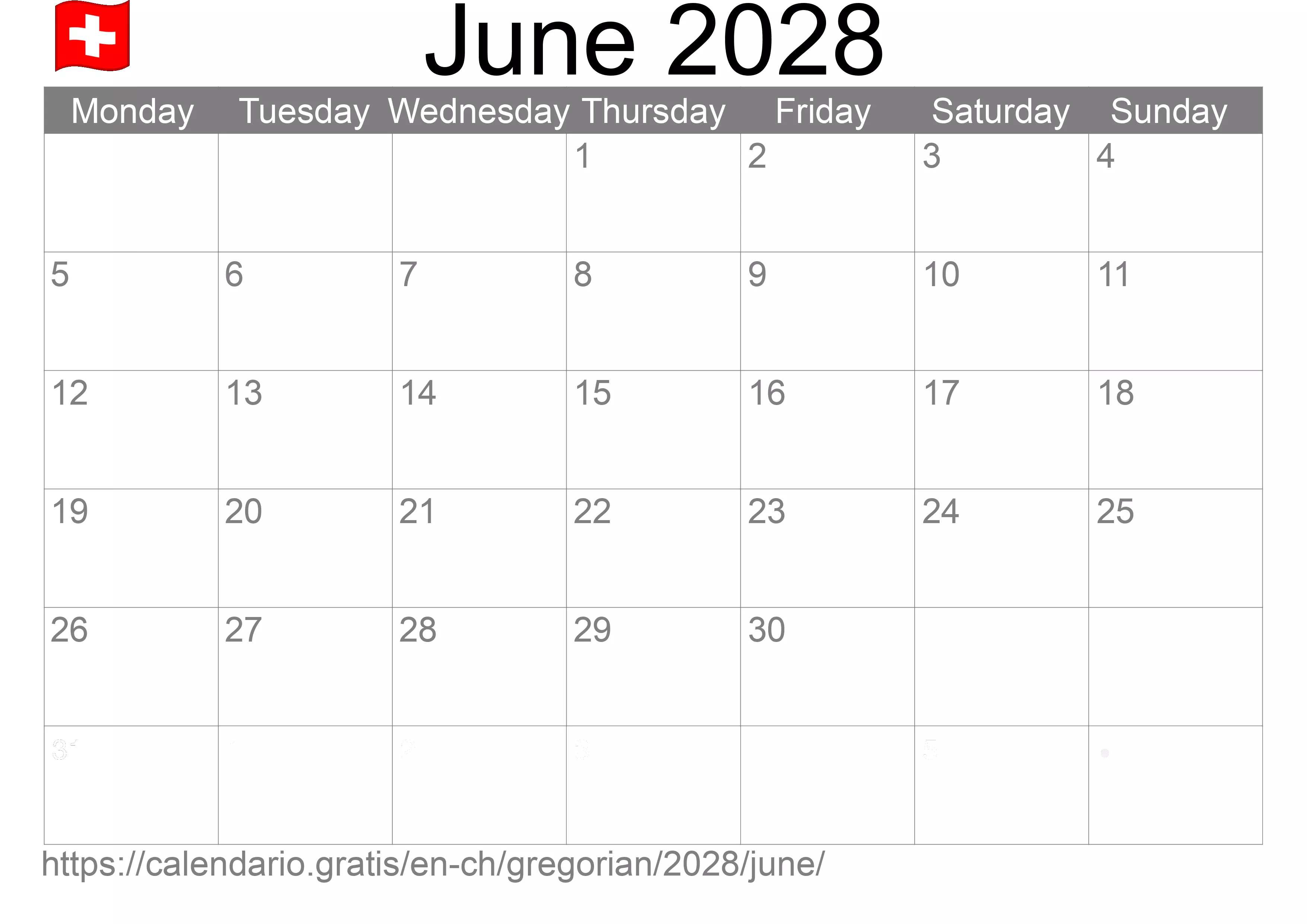 Calendar June 2028 to print (Switzerland) Calendar June 2028 to print (Switzerland)