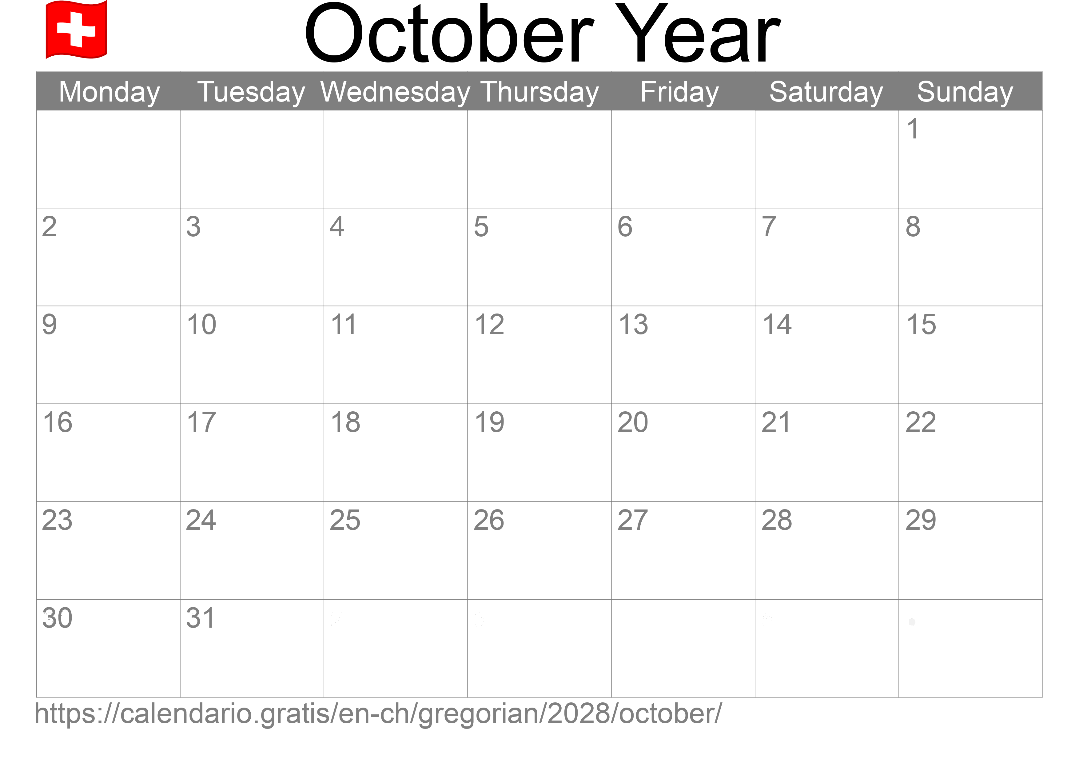 Calendar October 2028 to print