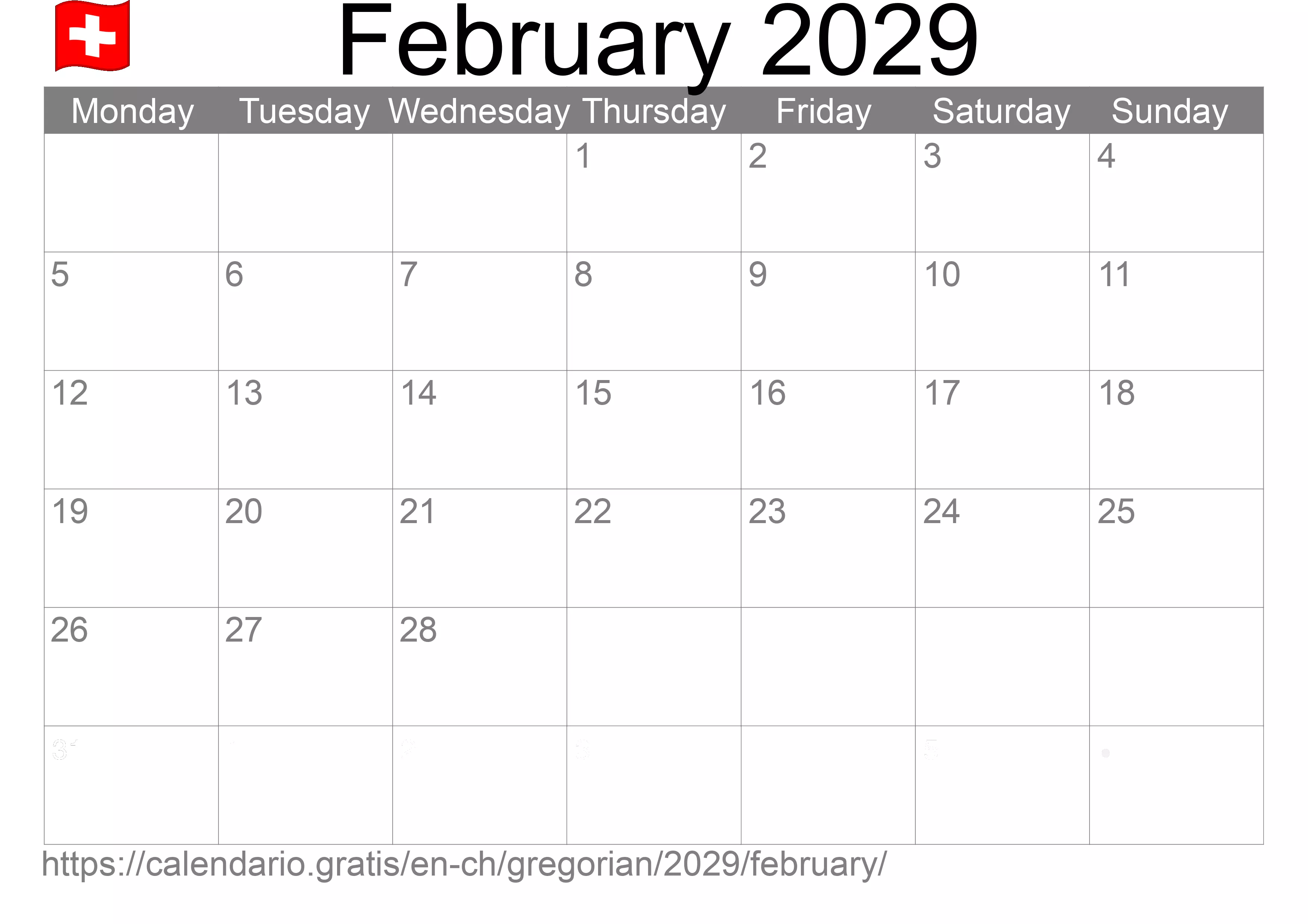 Calendar February 2029 to print (Switzerland) Calendar February 2029 to print (Switzerland)