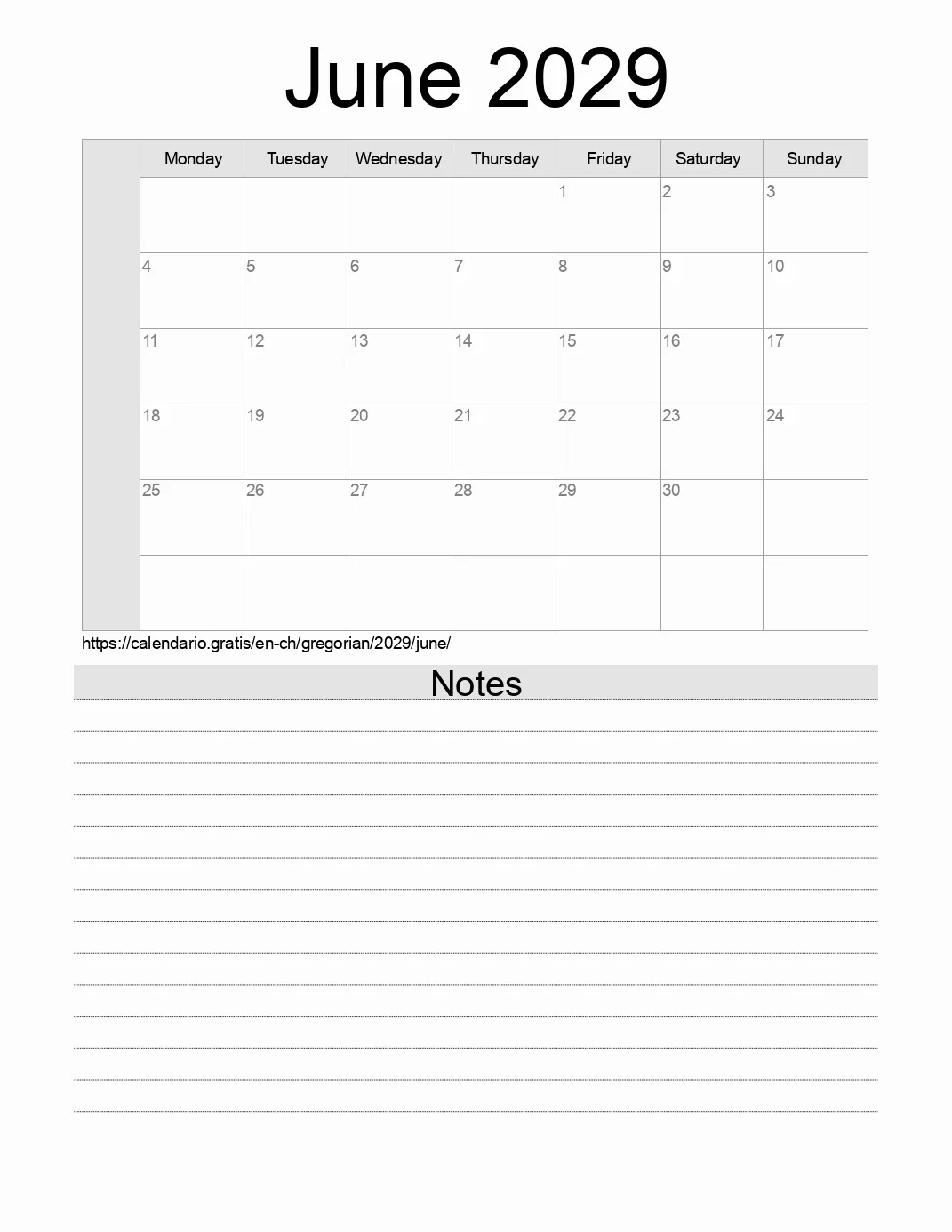 Calendar for printing with notes for 2029 June . (Switzerland) Calendar for printing with notes for 2029 June . (Switzerland)