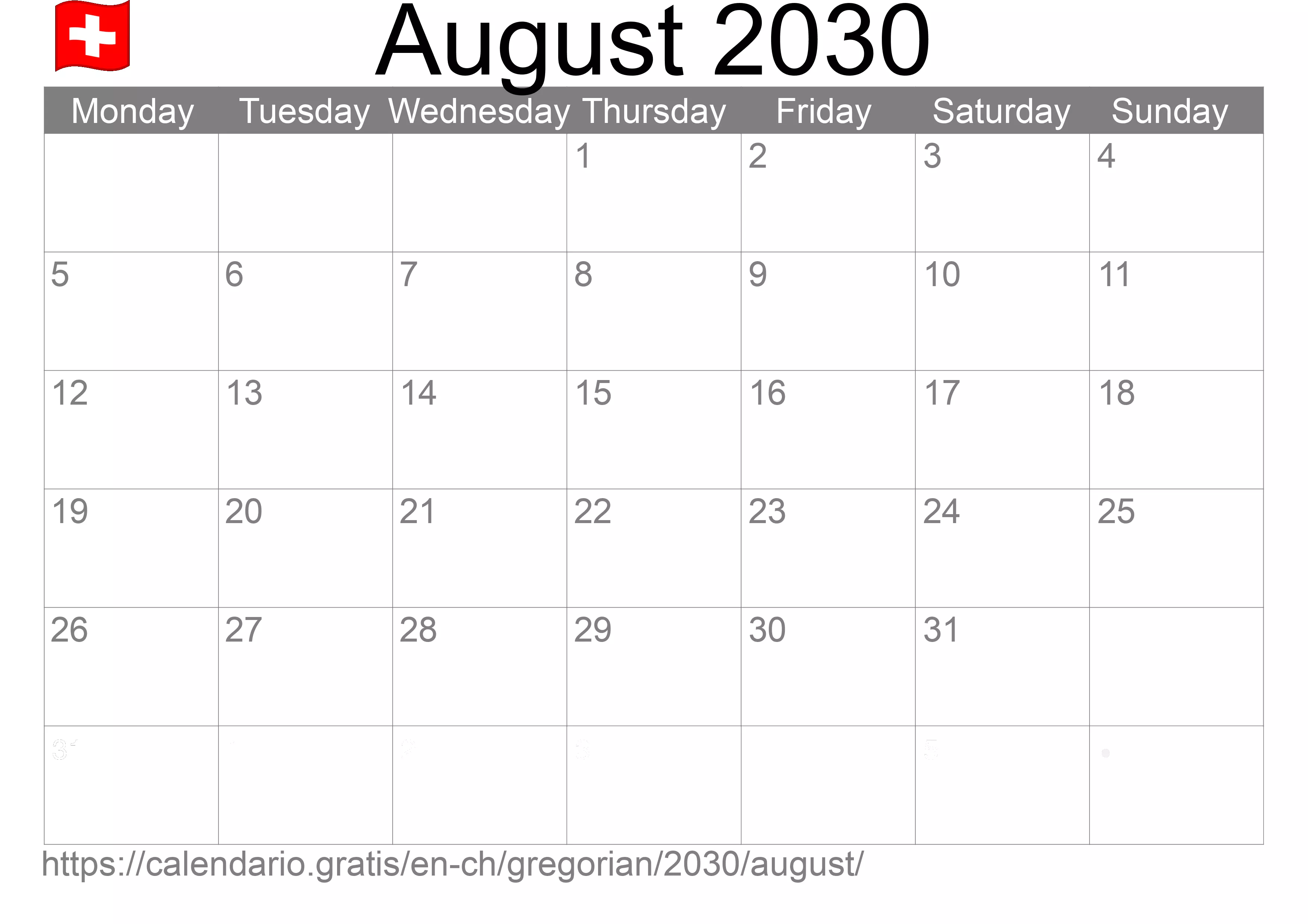 Calendar August 2030 to print (Switzerland) Calendar August 2030 to print (Switzerland)