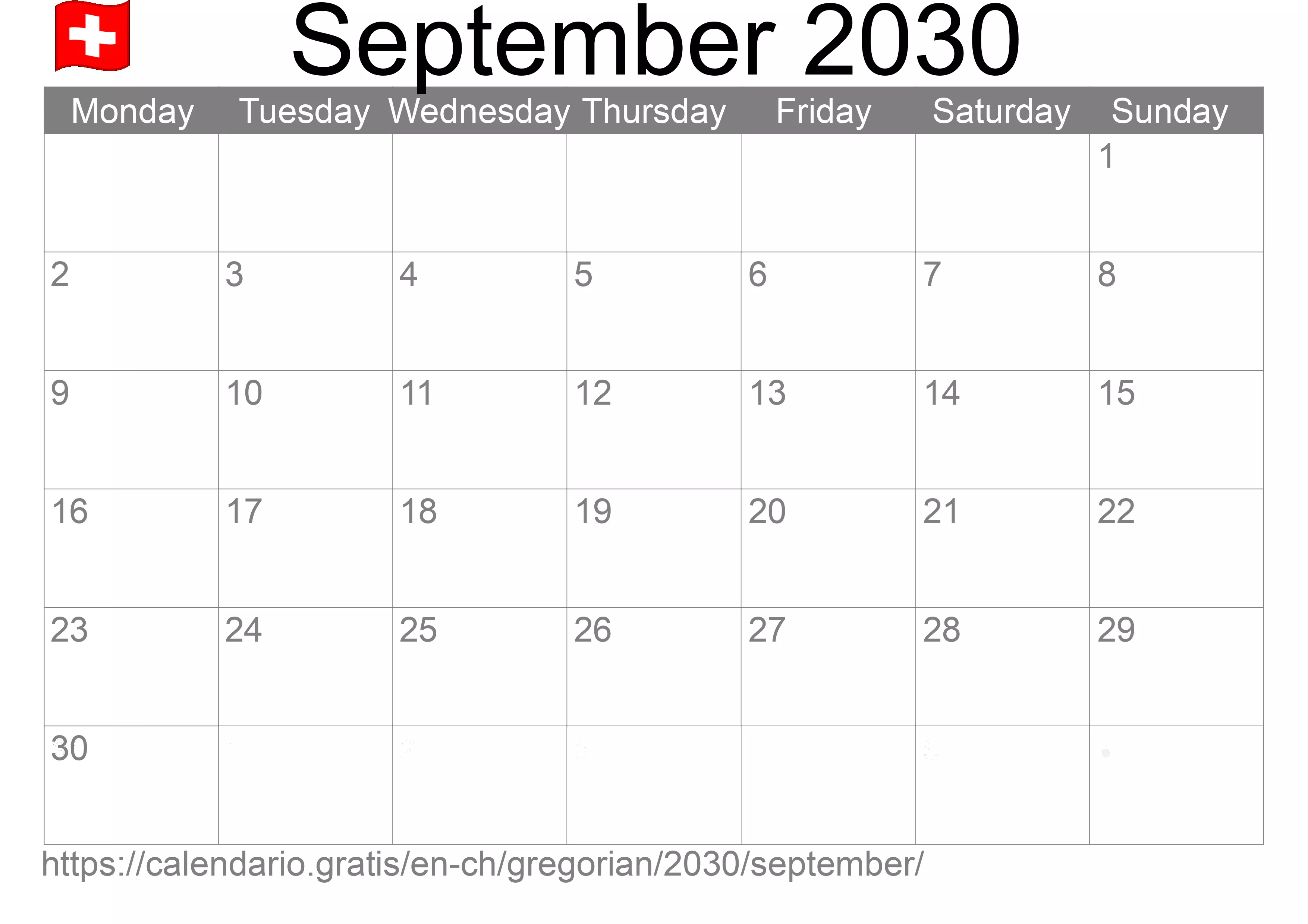 Calendar September 2030 to print (Switzerland)