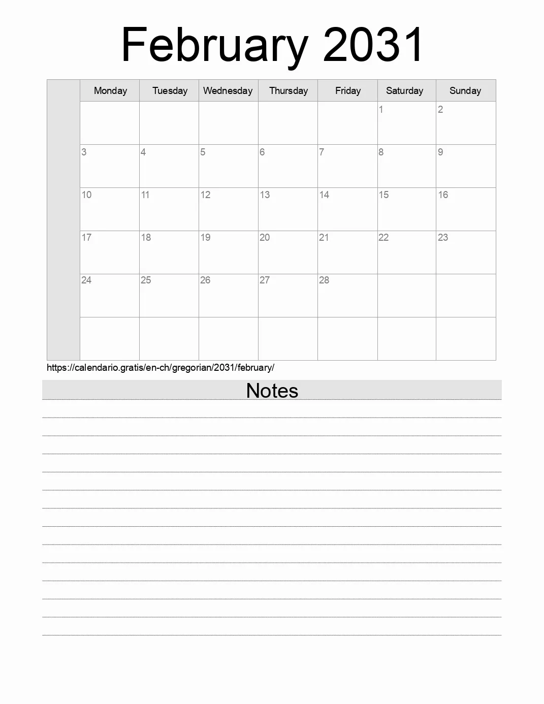 Calendar for printing with notes for 2031 February . (Switzerland) Calendar for printing with notes for 2031 February . (Switzerland)