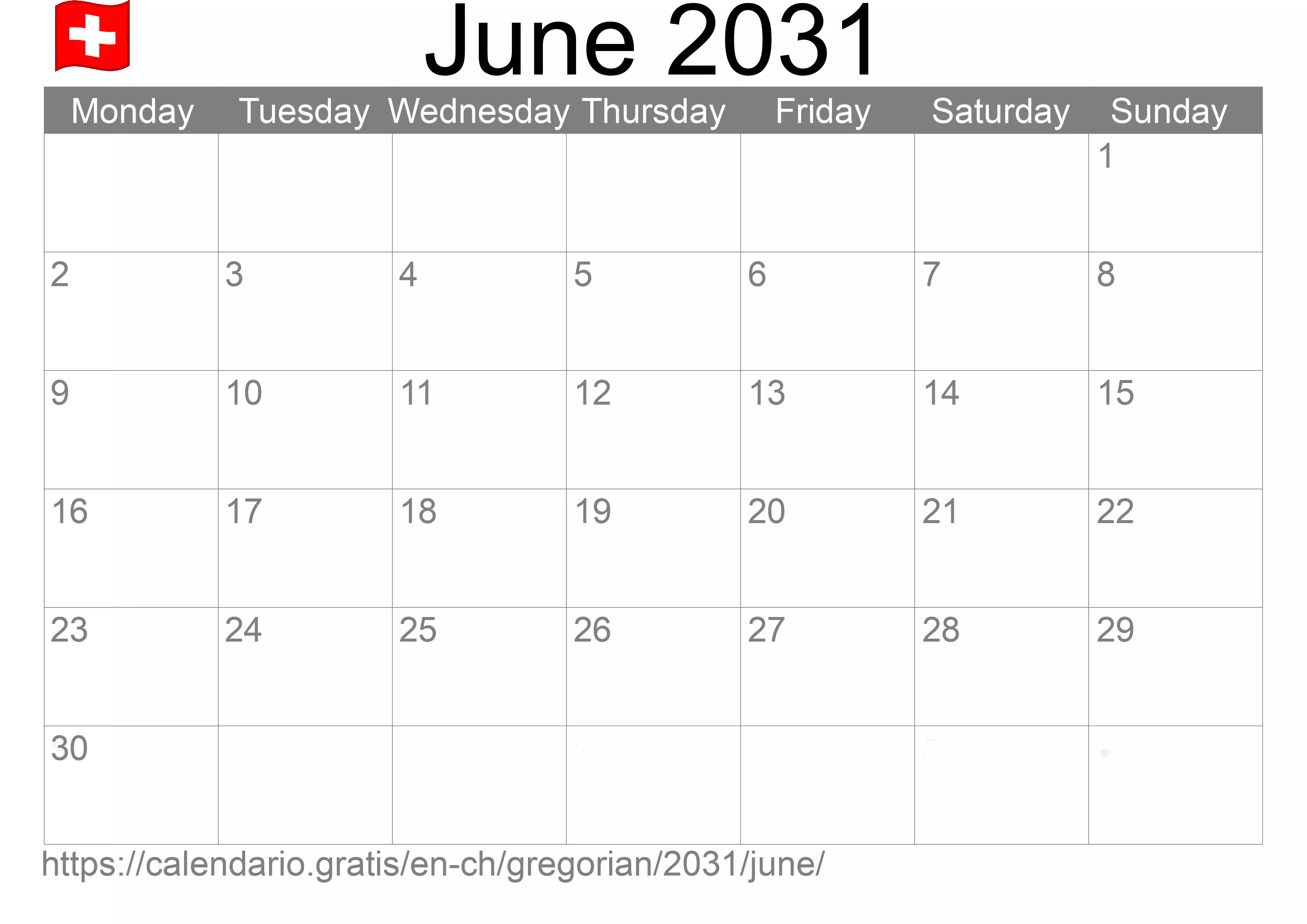 Calendar June 2031 to print (Switzerland) Calendar June 2031 to print (Switzerland)