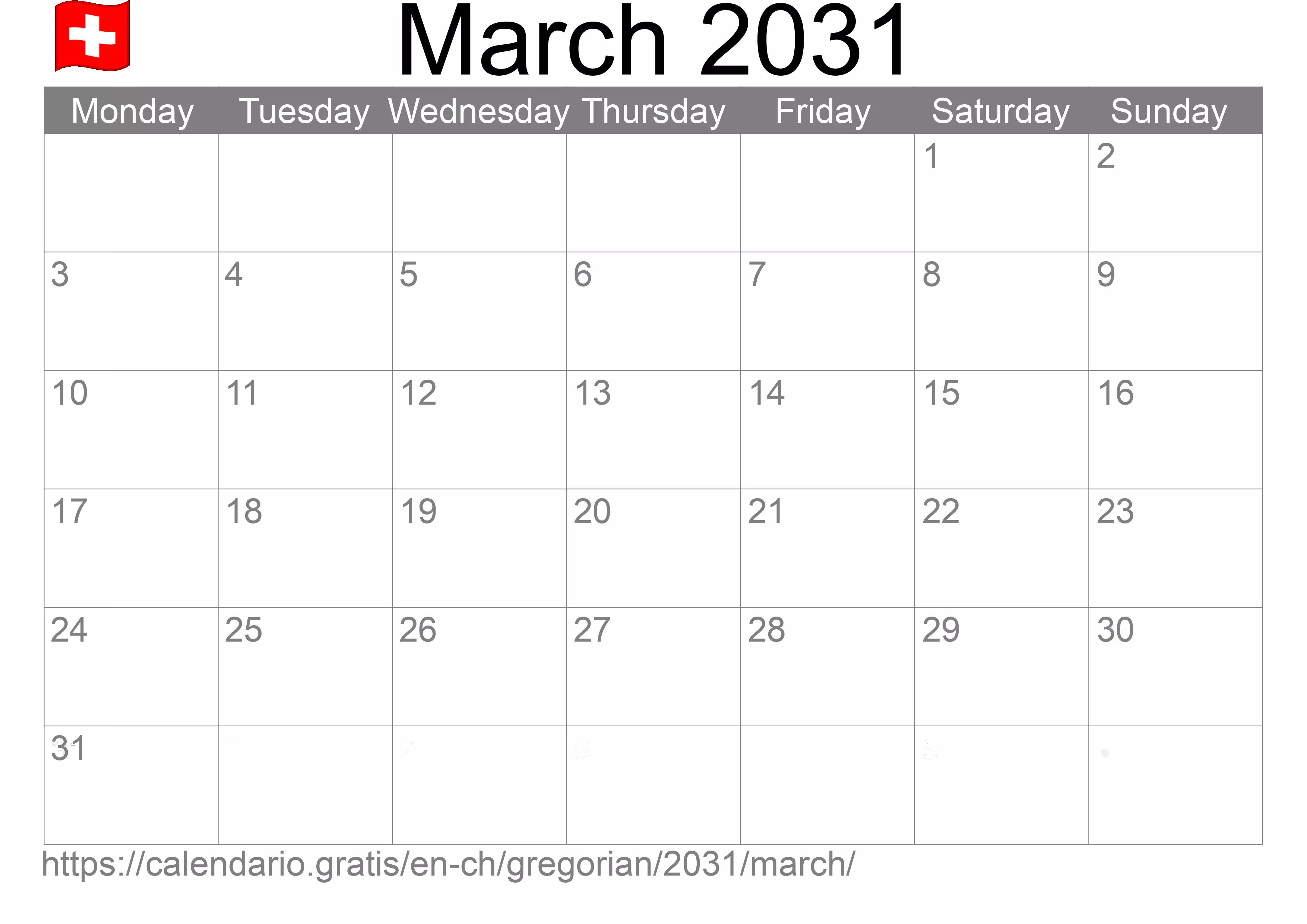 Calendar March 2031 to print (Switzerland) Calendar March 2031 to print (Switzerland)