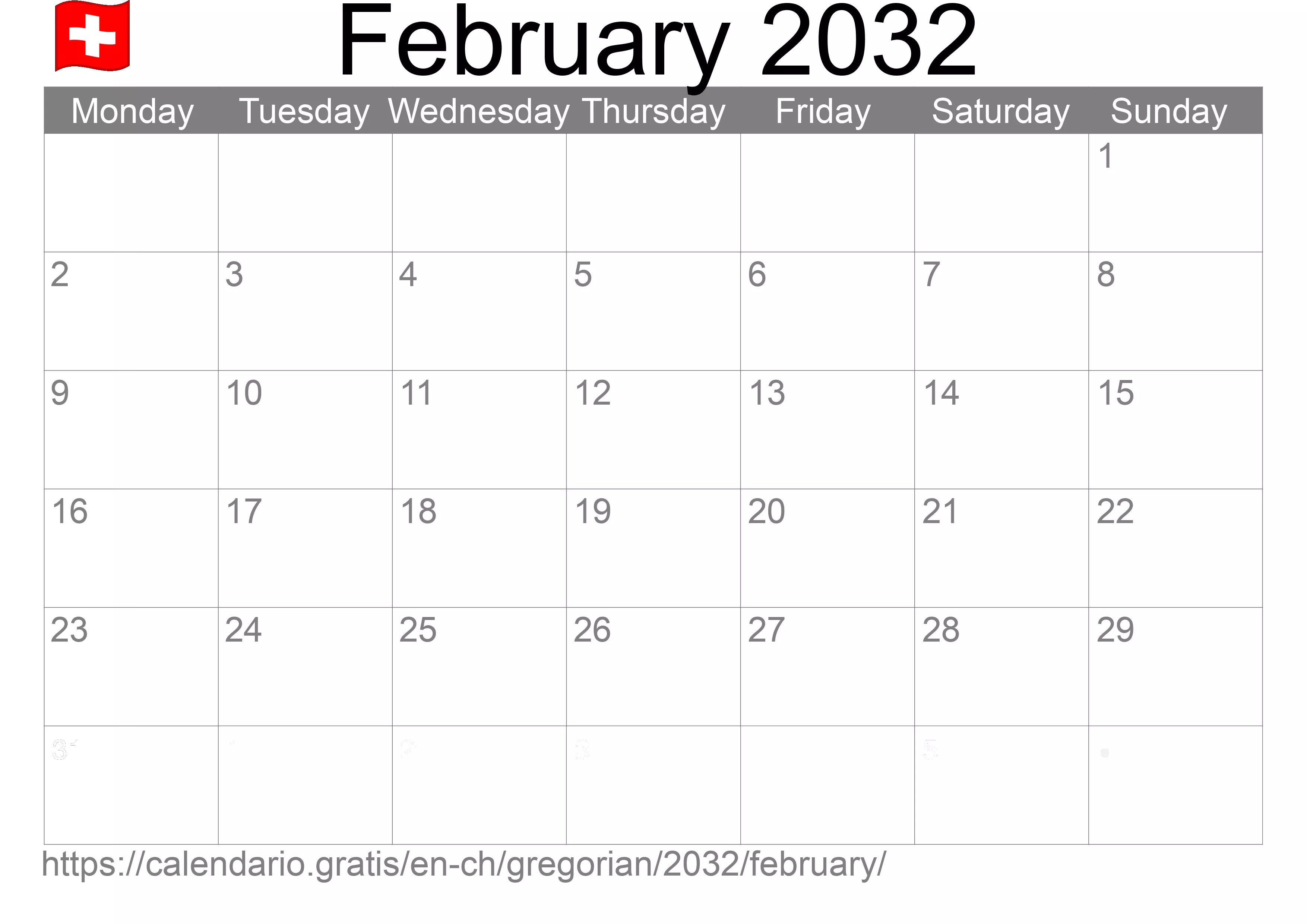 Calendar February 2032 to print (Switzerland) Calendar February 2032 to print (Switzerland)