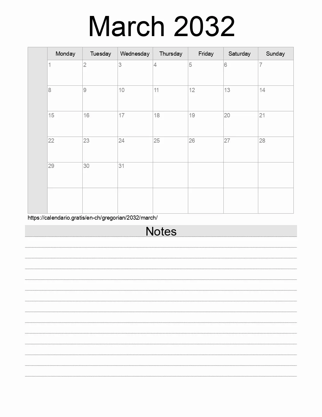 Calendar for printing with notes for 2032 March . (Switzerland)