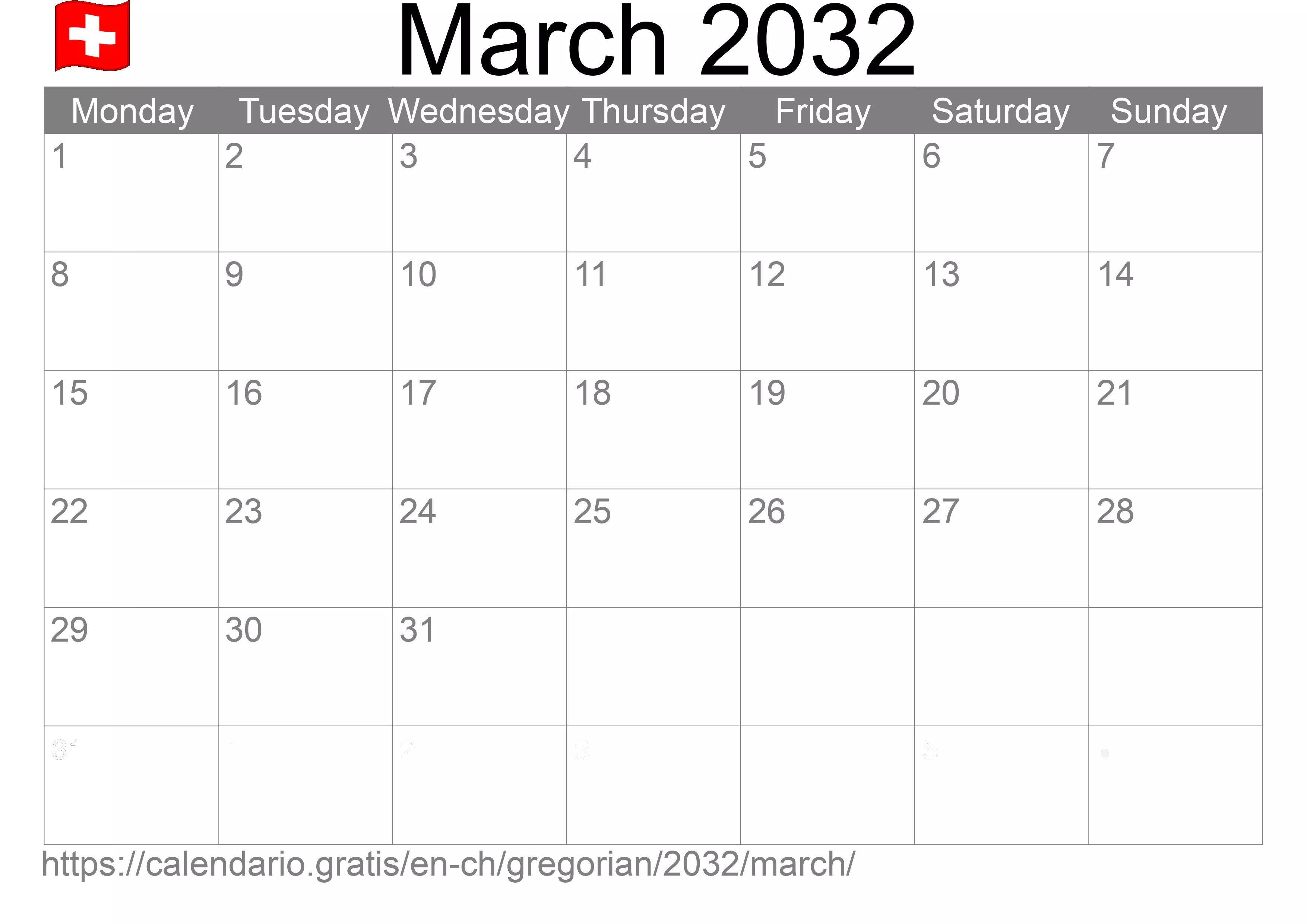 Calendar March 2032 to print (Switzerland)