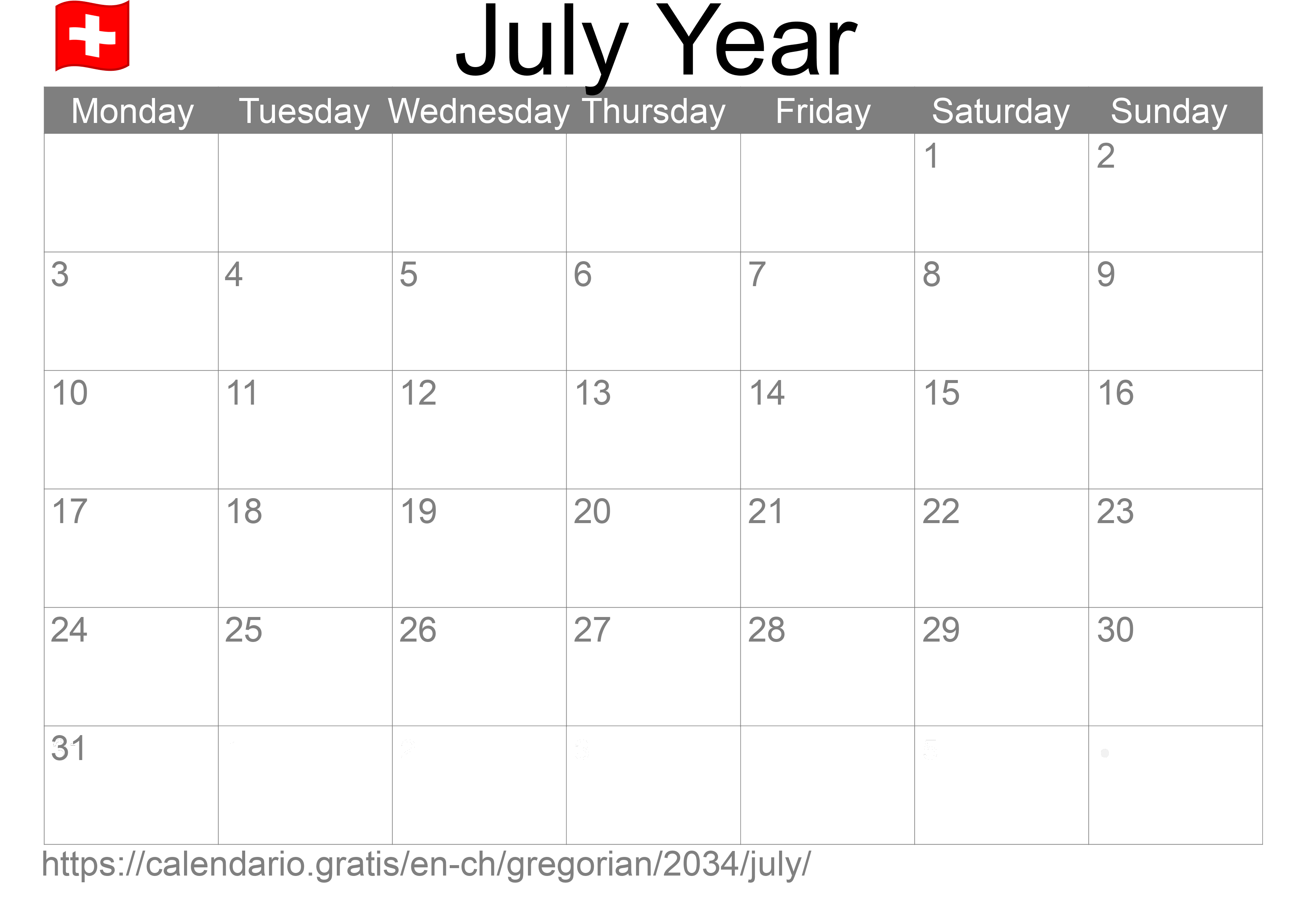 Calendar July 2034 to print