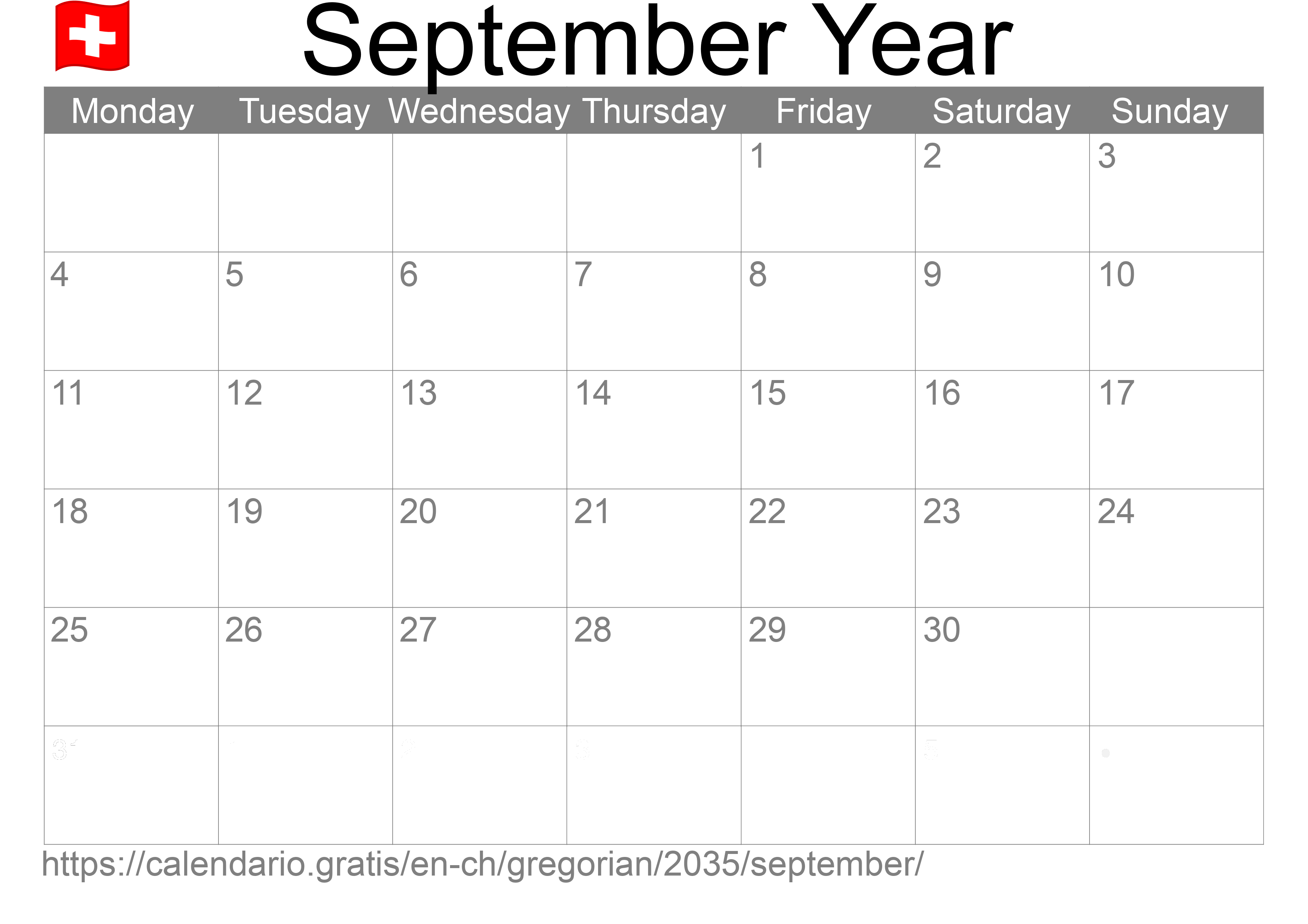 Calendar September 2035 to print