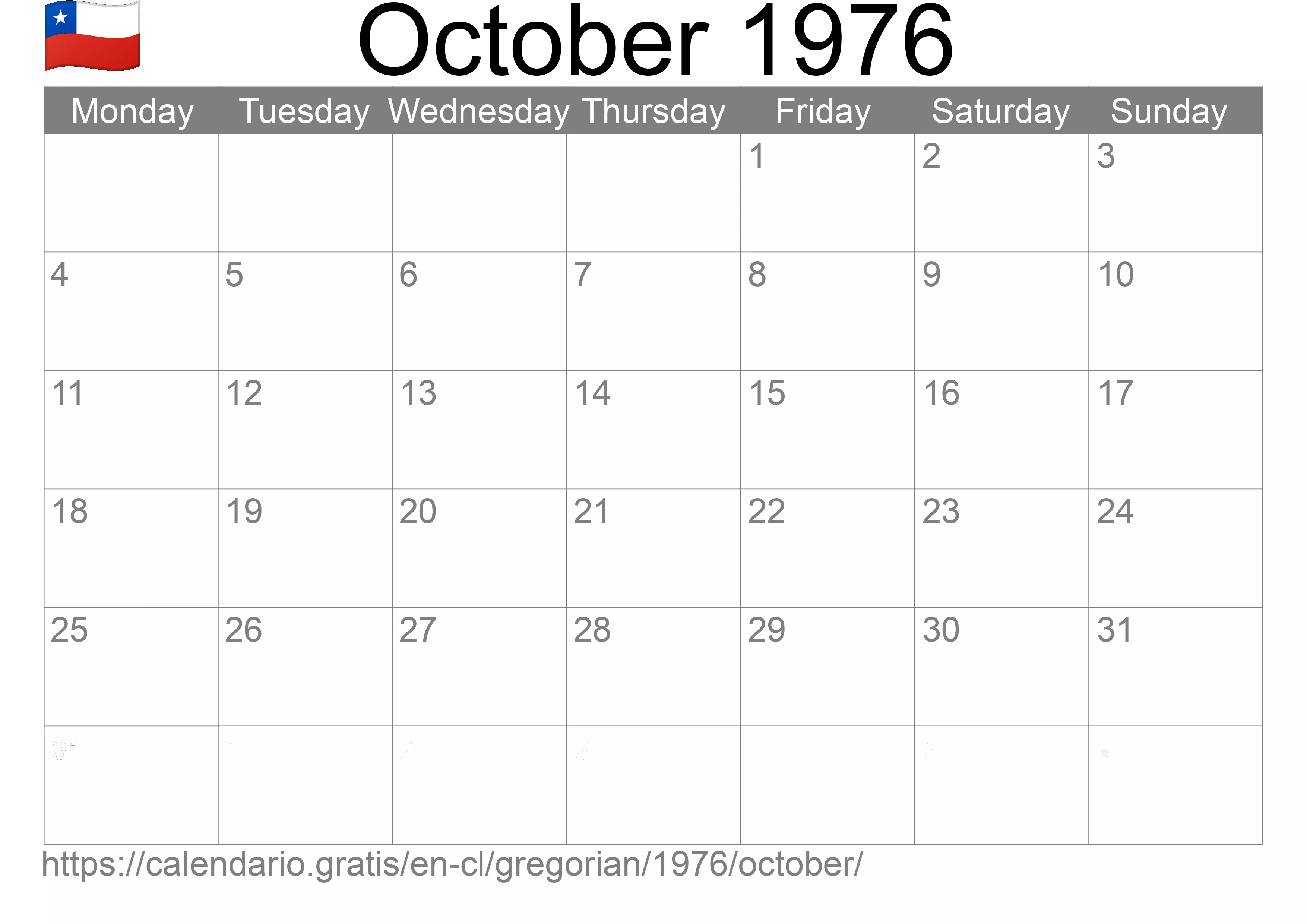 Calendar October 1976 to print (Chile) Calendar October 1976 to print (Chile)