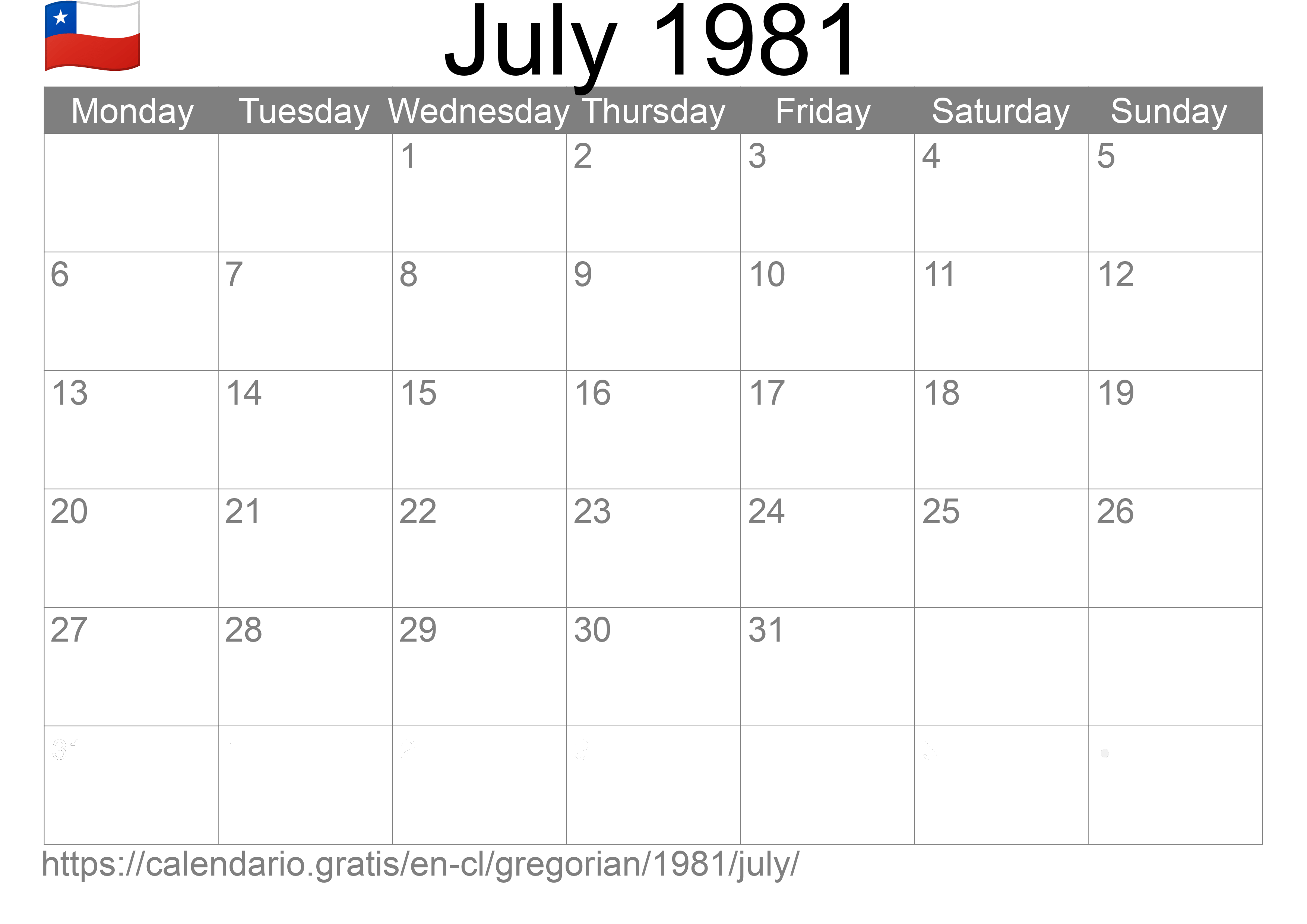 Calendar July 1981 to print