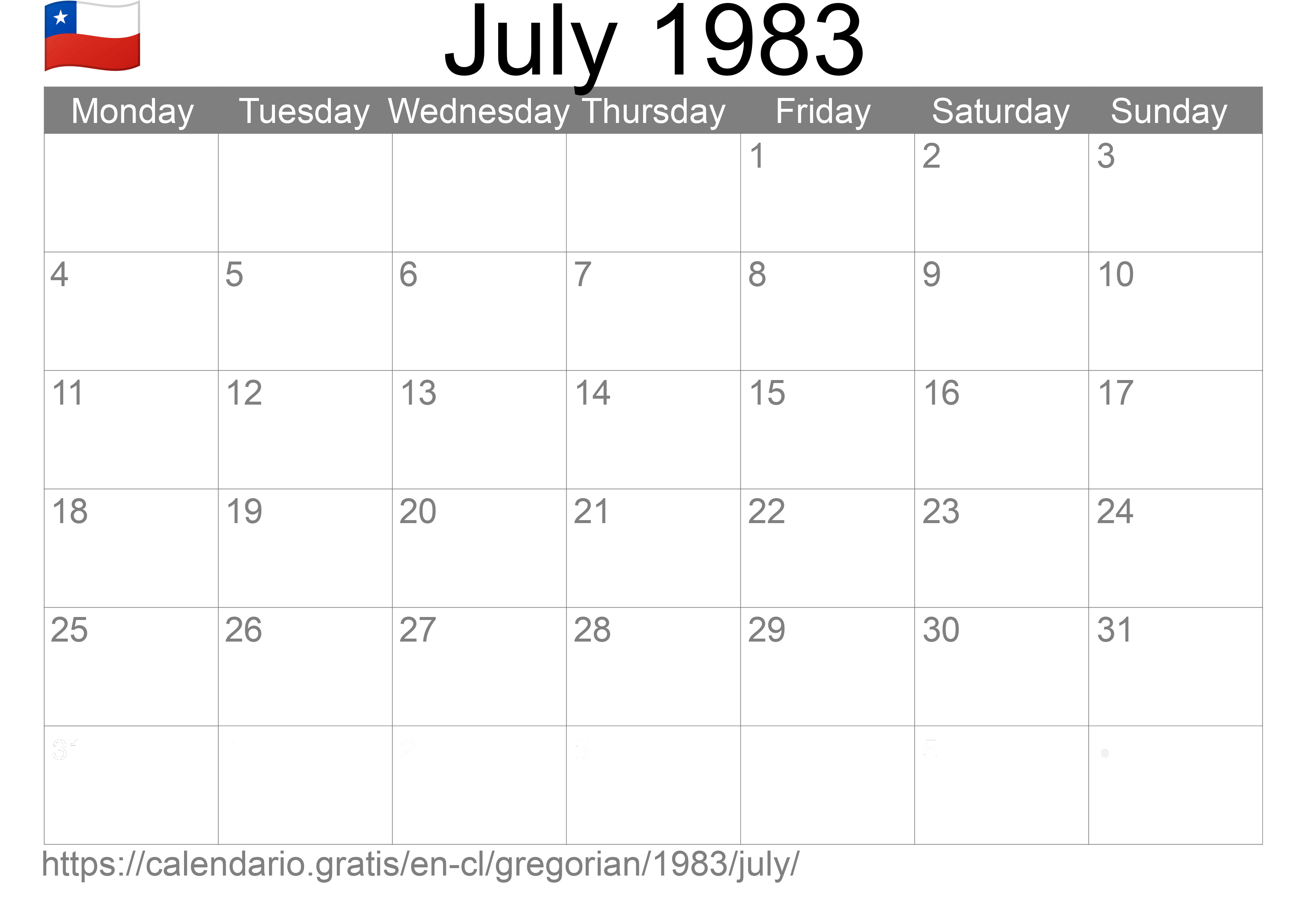 Calendar July 1983 to print